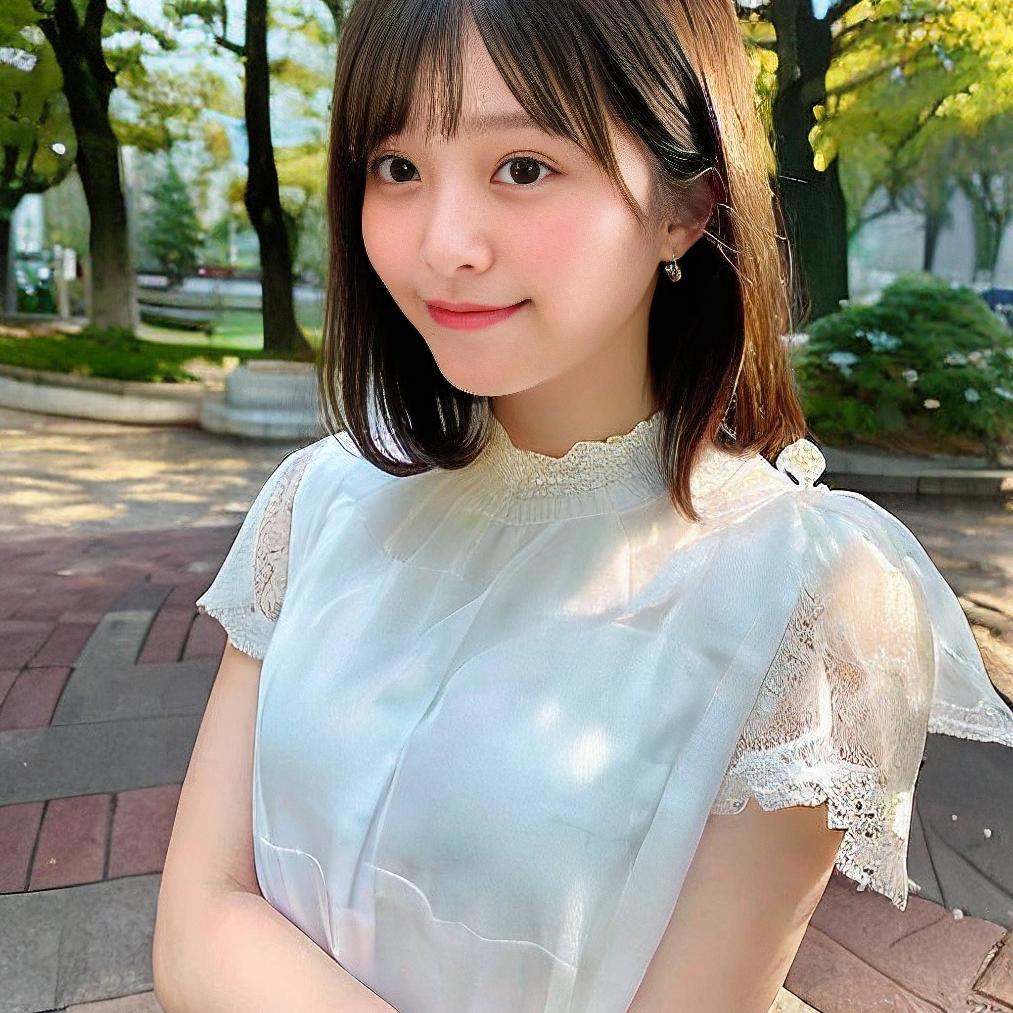 a young girl posing for a picture in front of a tree 
