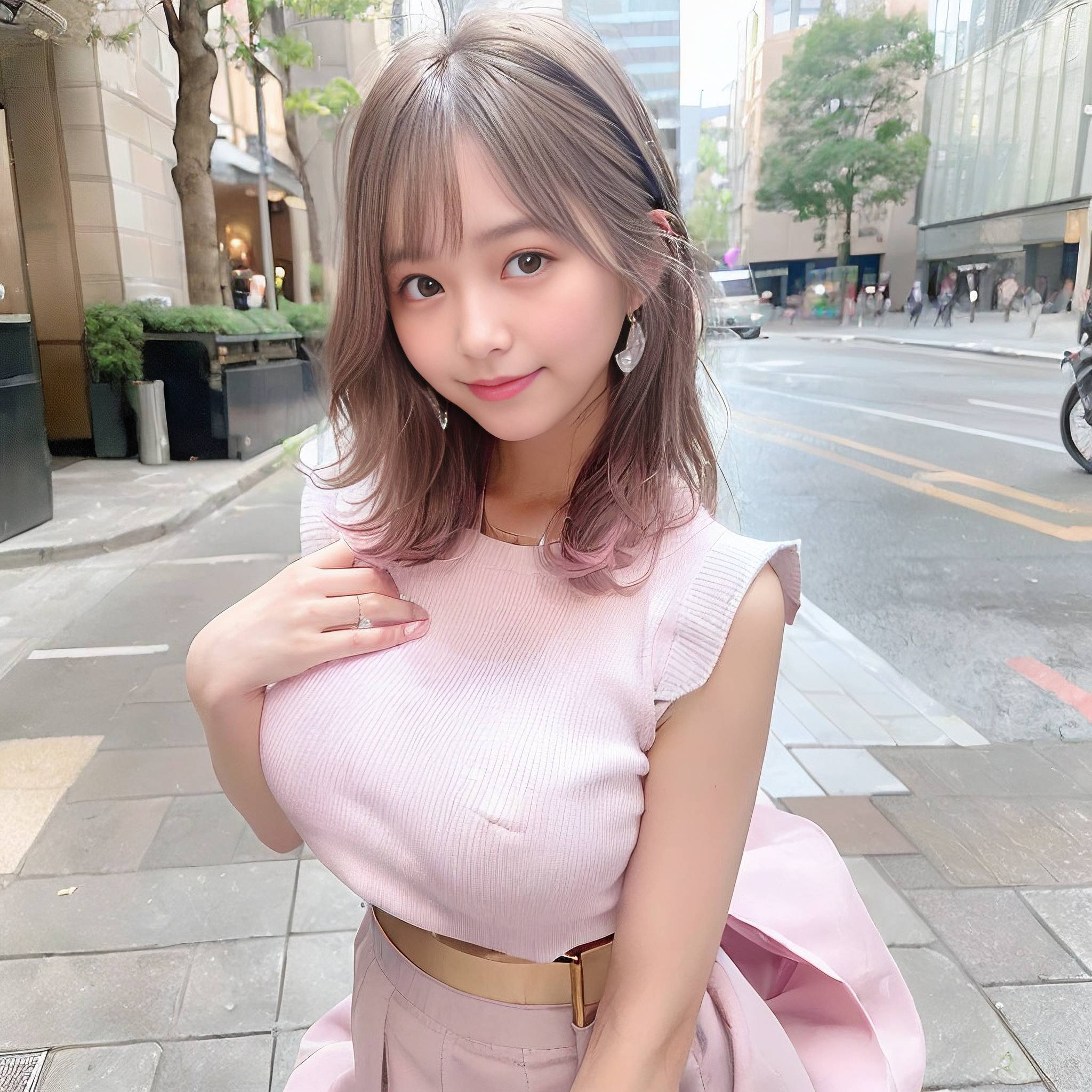 a woman in a pink dress holding a pink flower 