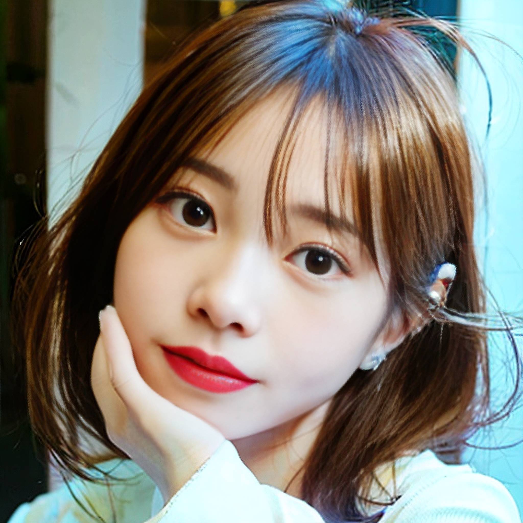 a young girl smiling while holding a white object 