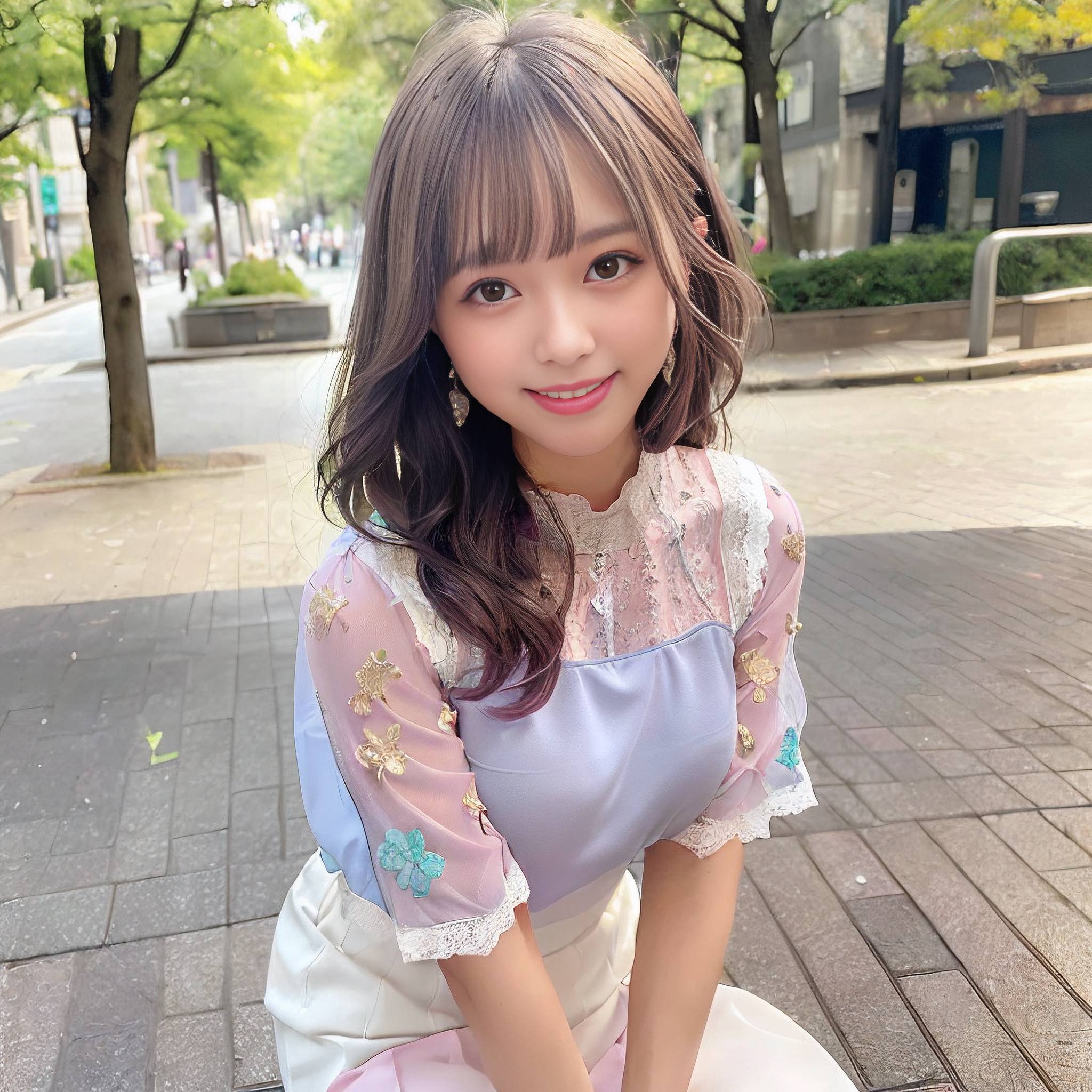 a young girl posing for a picture on a park bench 