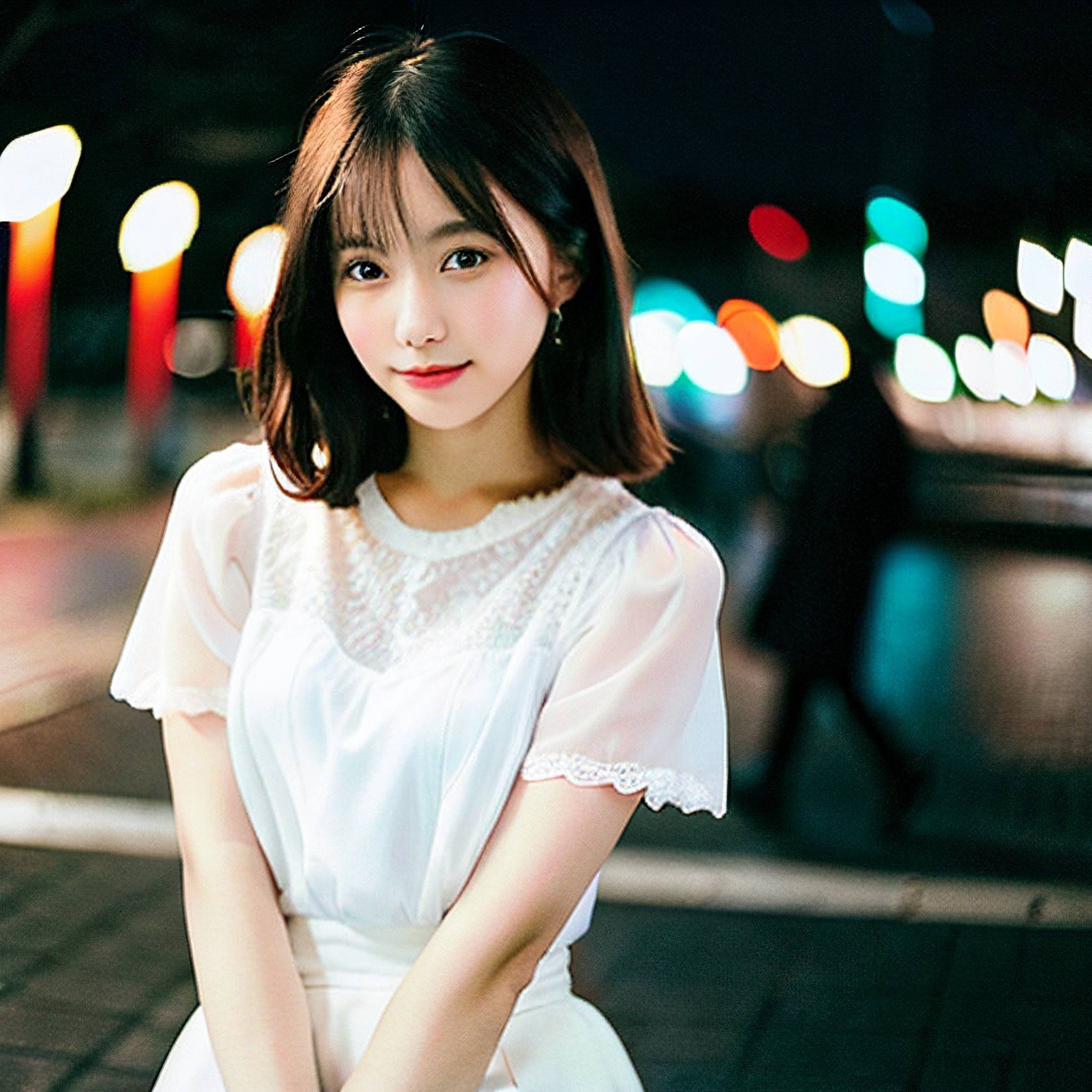 a woman in a white dress sitting on a sidewalk 