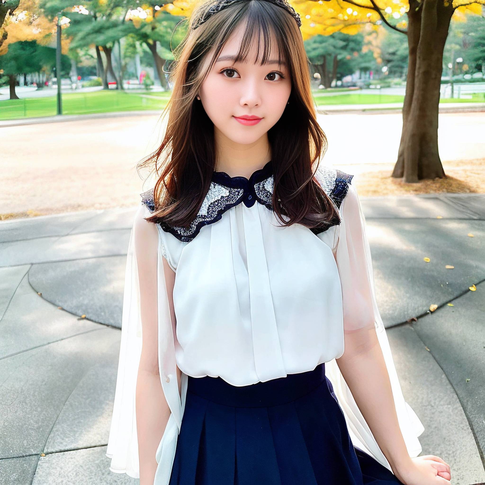 a young girl posing for a picture in front of a tree 