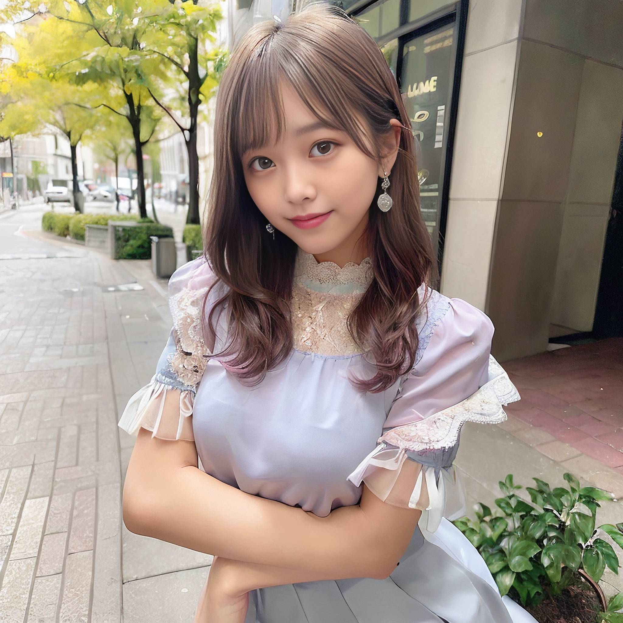 a young girl posing for a picture in front of a building 