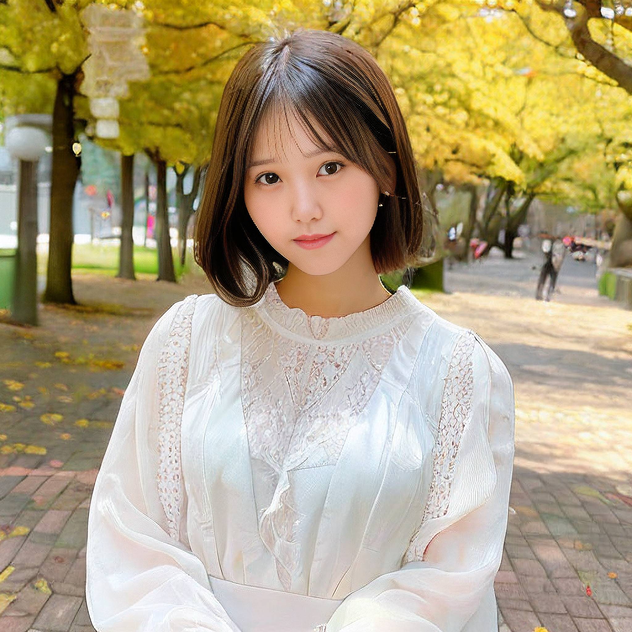 a young girl posing for a picture in front of a tree 