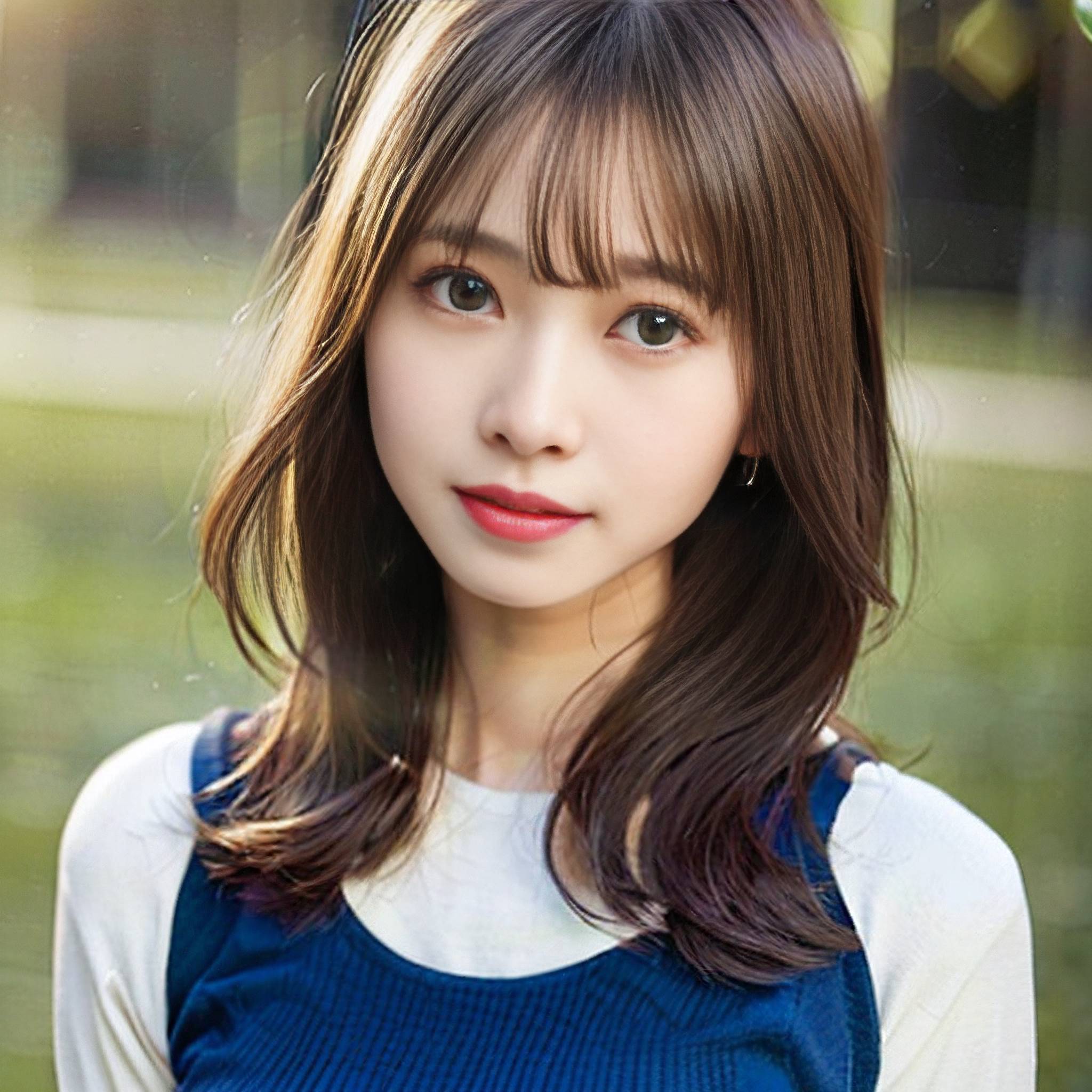 a young woman in a blue dress smiling 