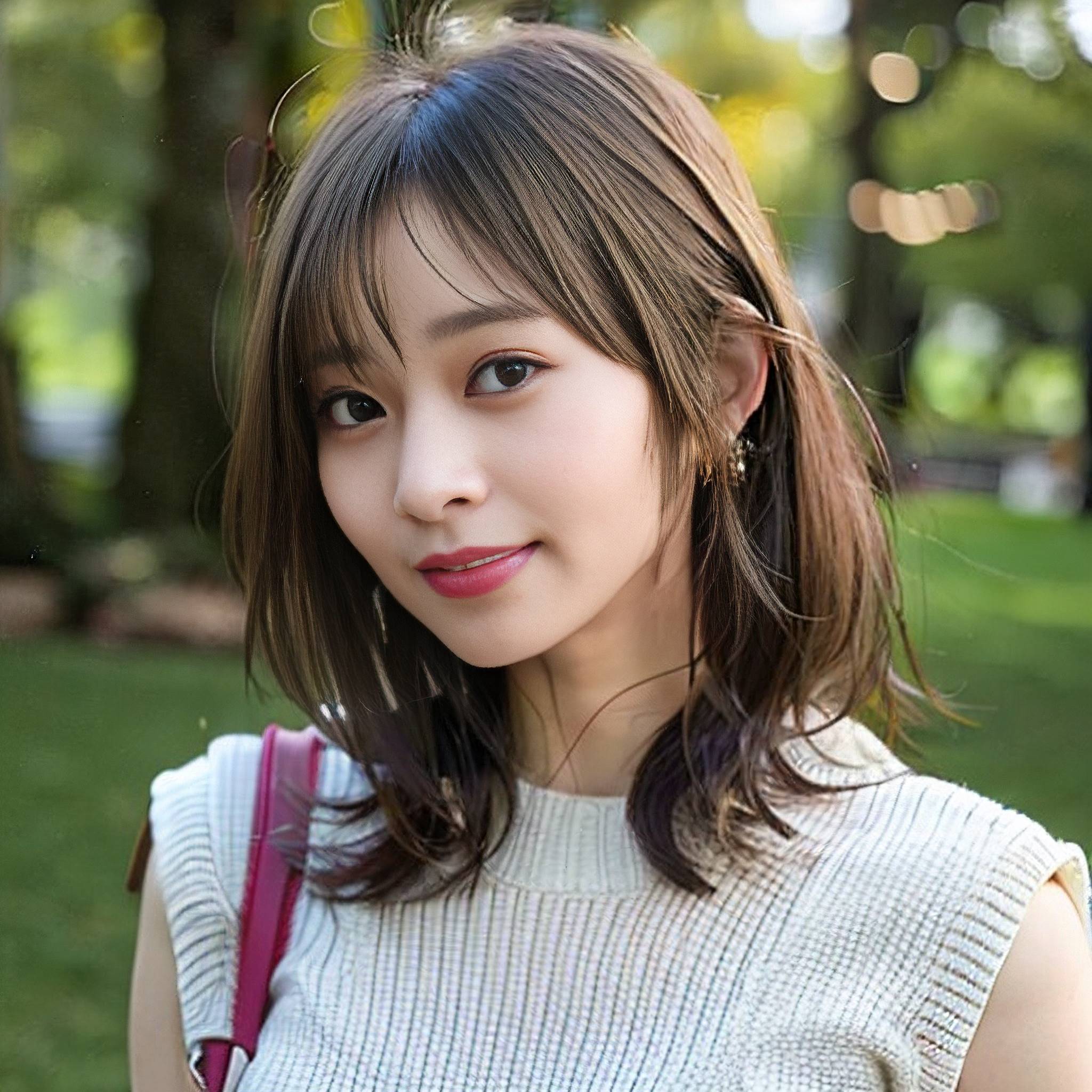 a young girl is posing for a picture in the grass 
