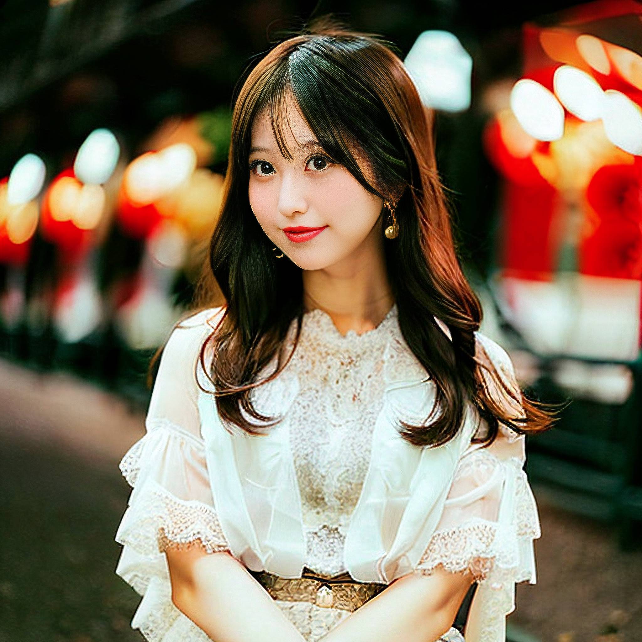 a woman in a white dress sitting on a sidewalk 