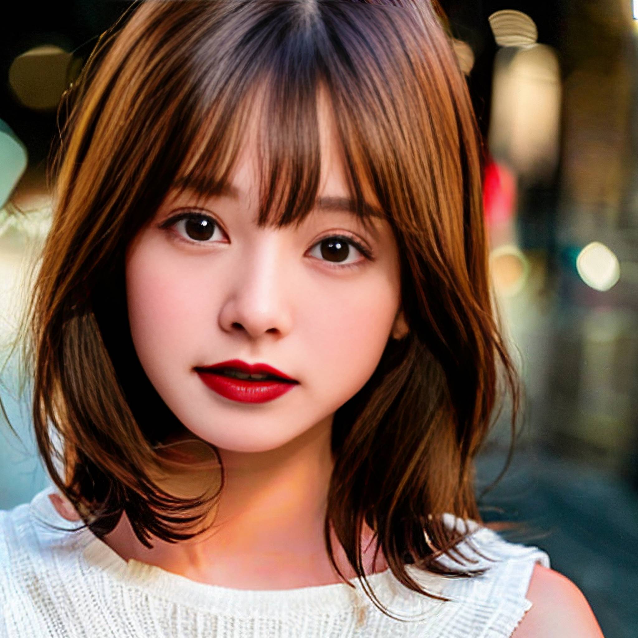 a woman with long hair standing in front of a building 