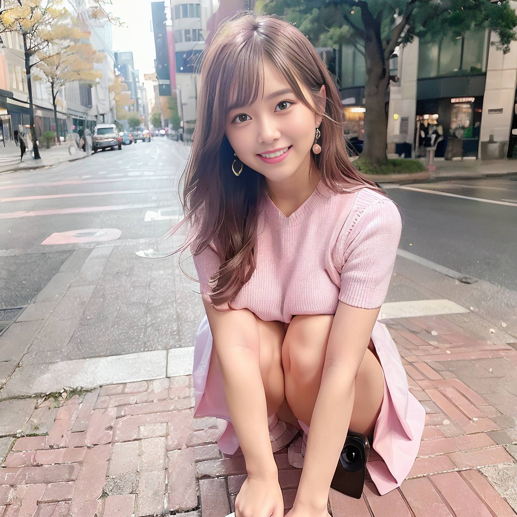 a young girl sitting on a brick sidewalk 