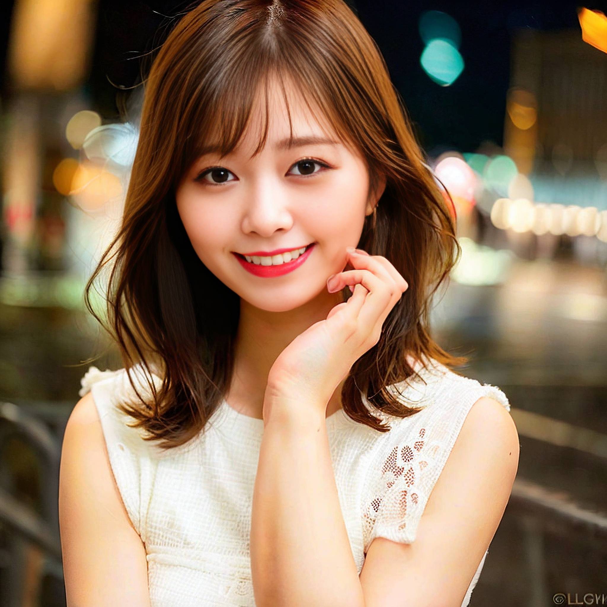 a woman is smiling while holding a cell phone 