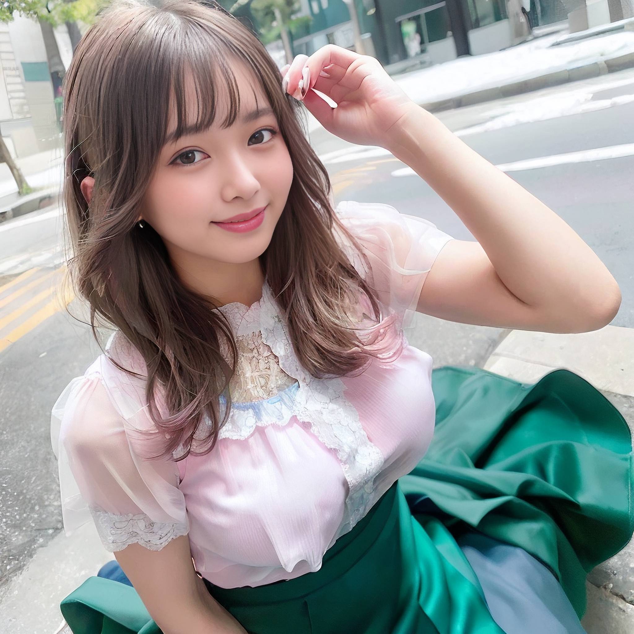 a young girl in a pink dress holding a pink flower 