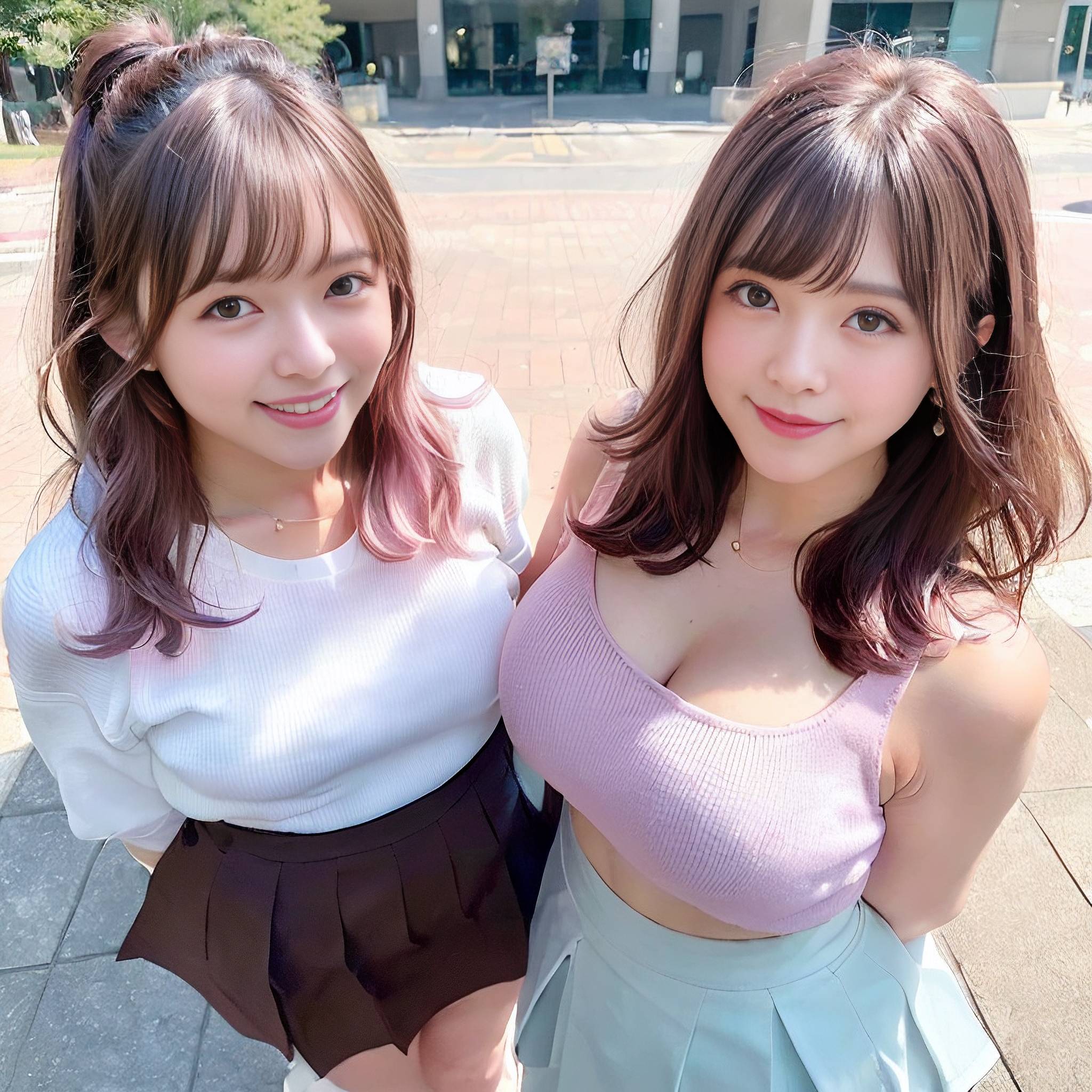 two young girls posing for a picture on a sidewalk 
