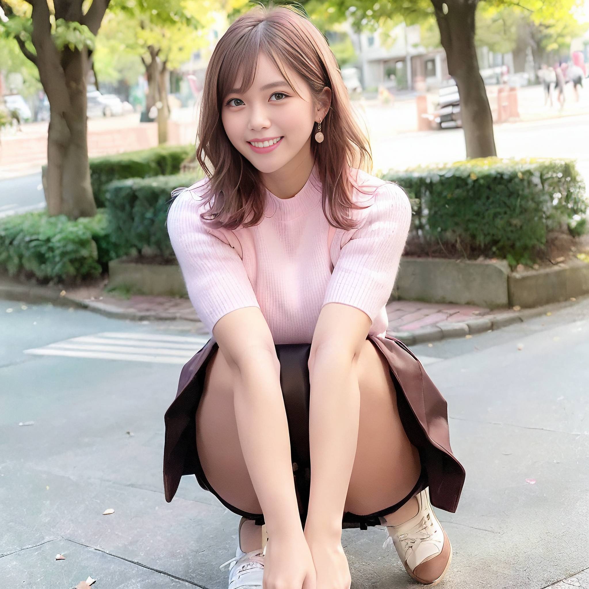 a young girl sitting on a sidewalk with her legs crossed 