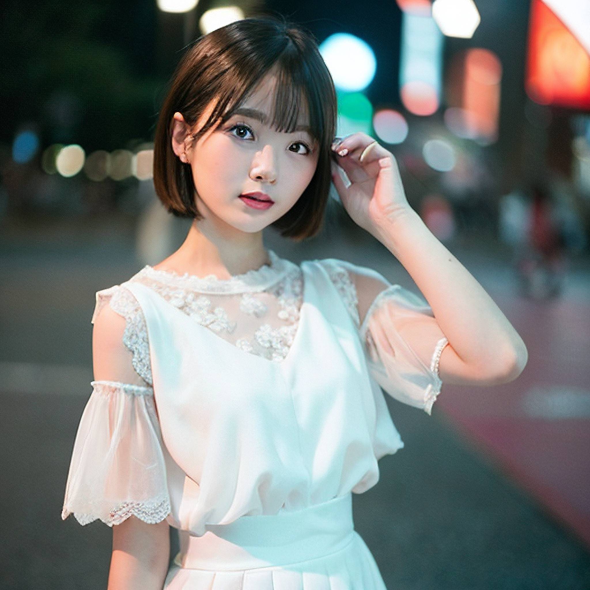 a woman in a white dress is holding a cell phone 