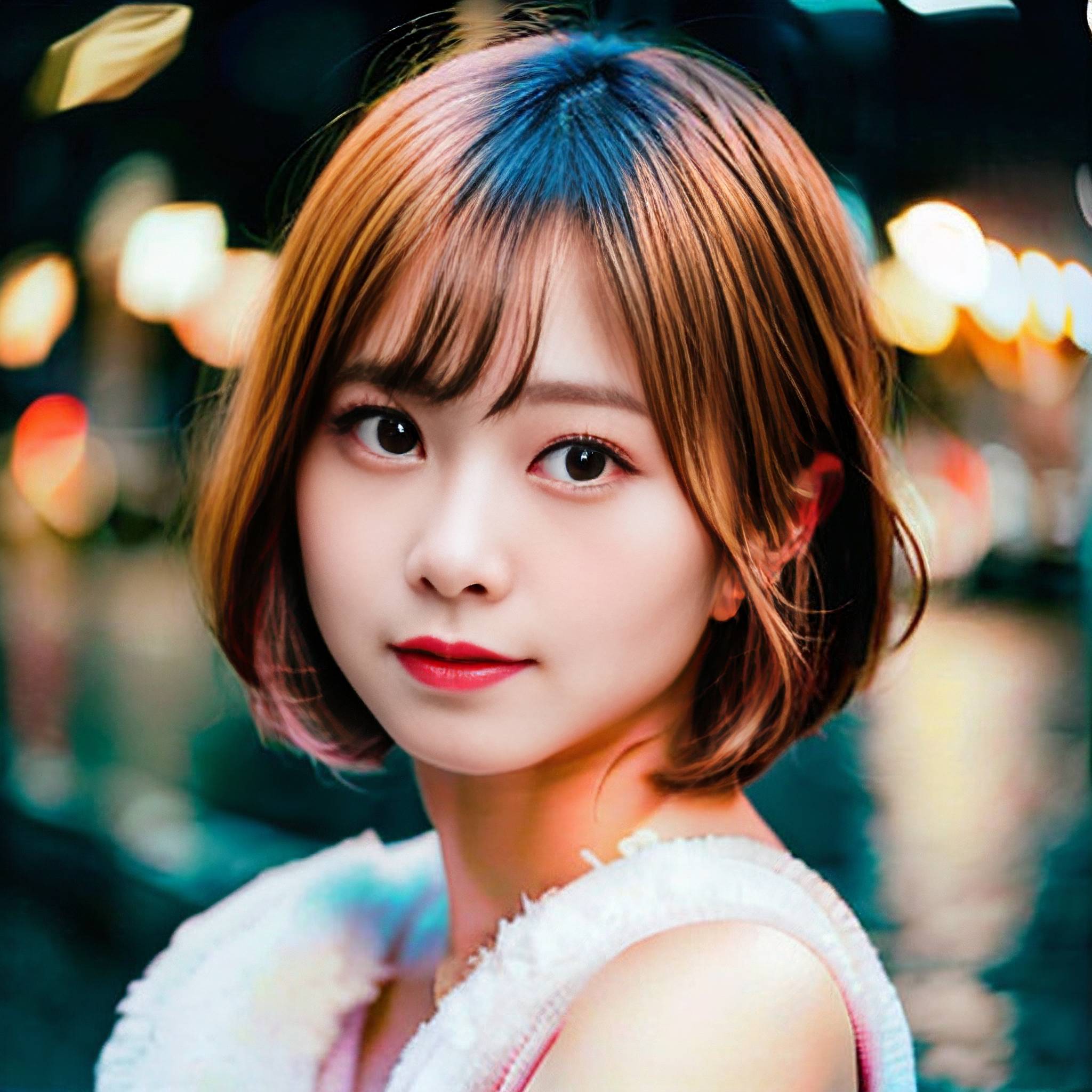 a woman with long hair standing in the middle of a street 