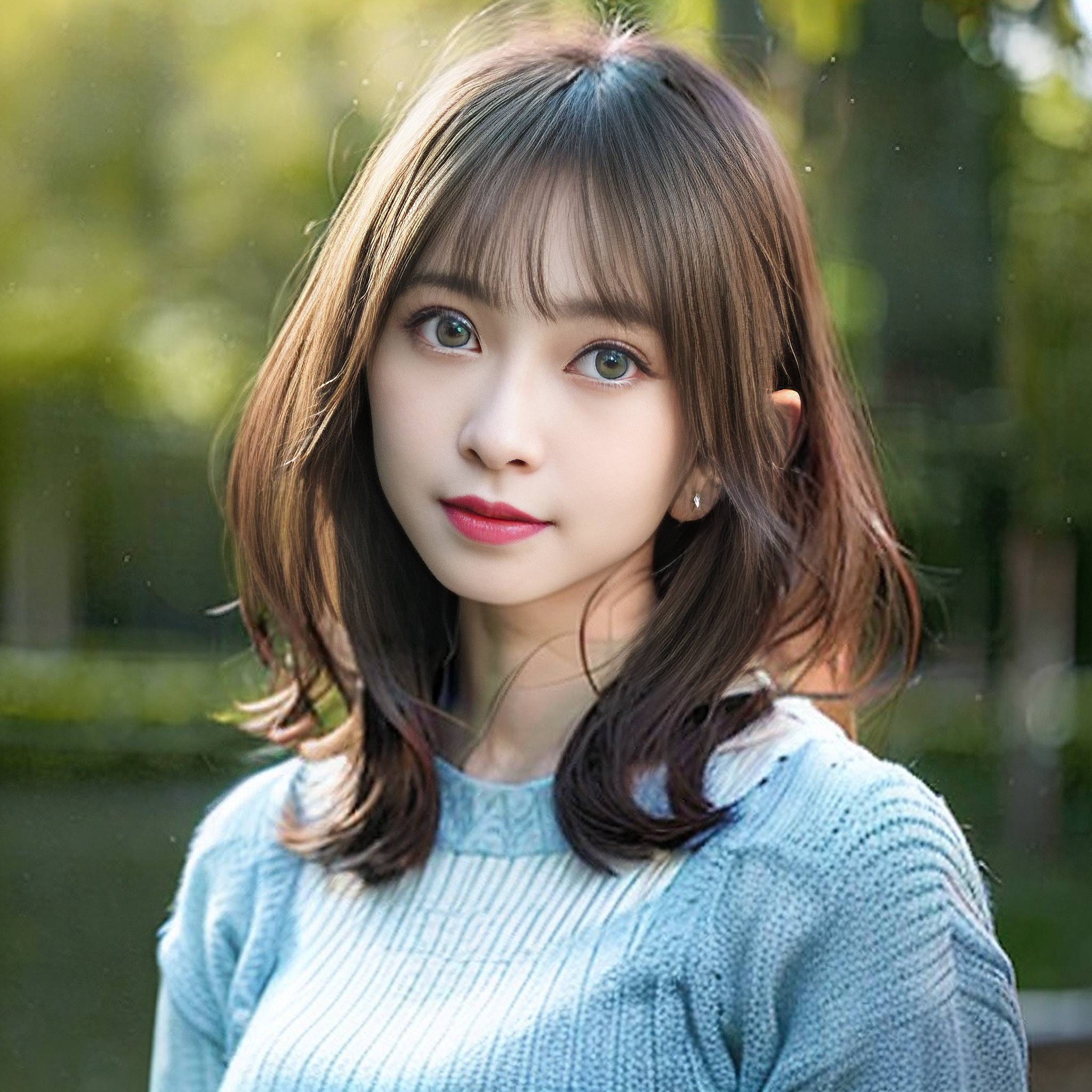 a young girl with long hair standing in a park 