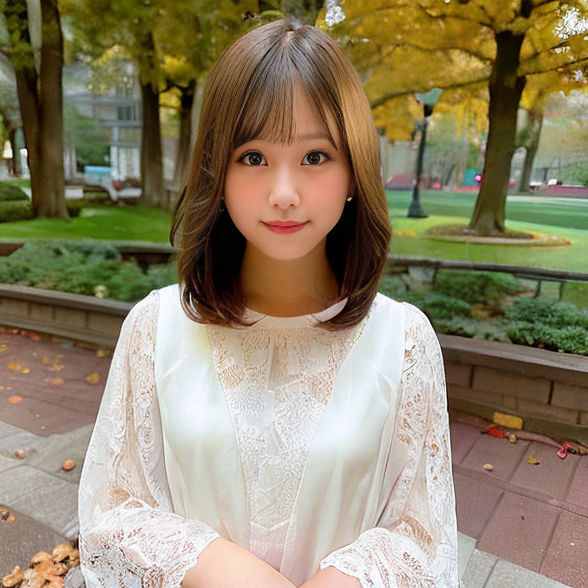 a young girl posing for a picture in front of a tree 