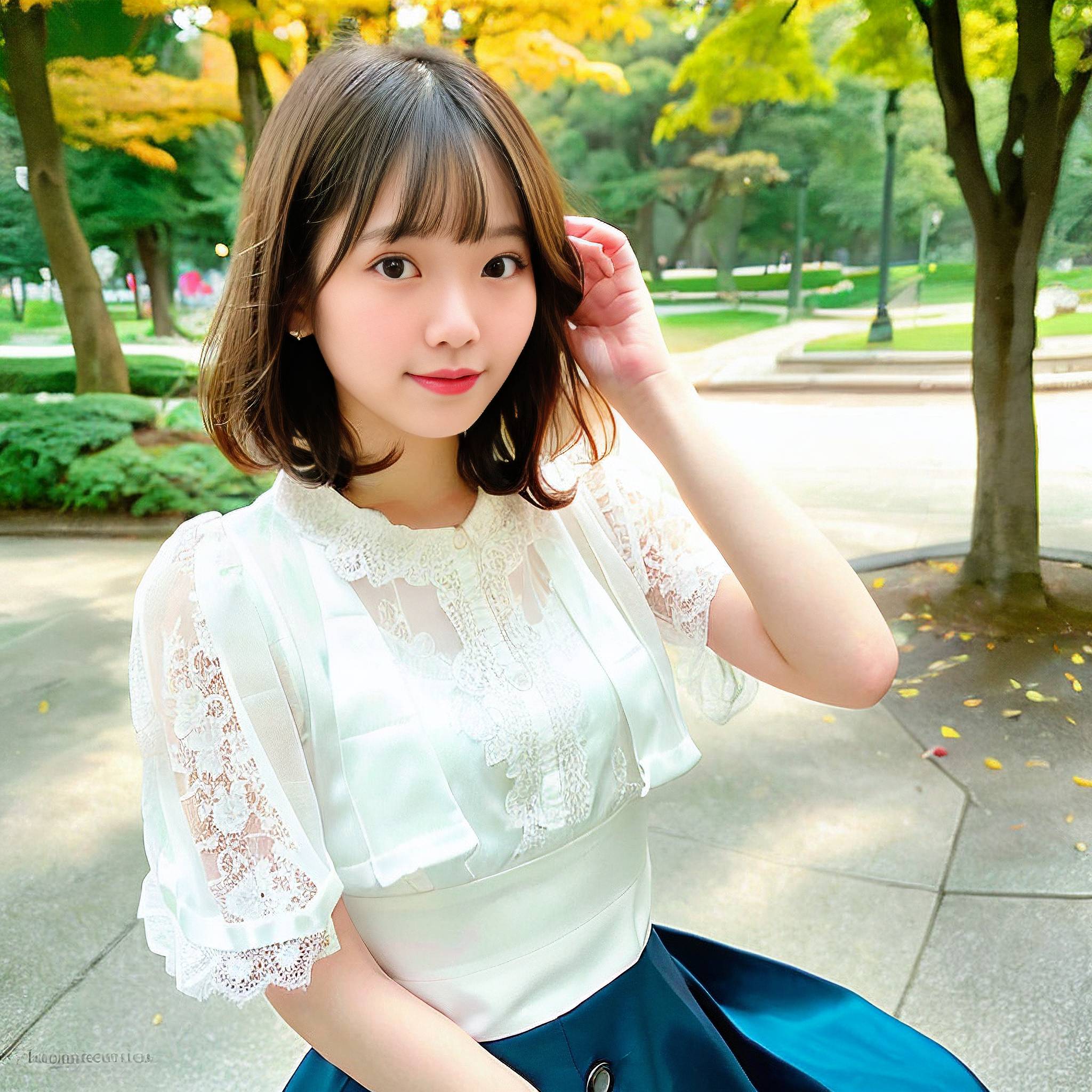 a young girl holding a blue suitcase on a sidewalk 