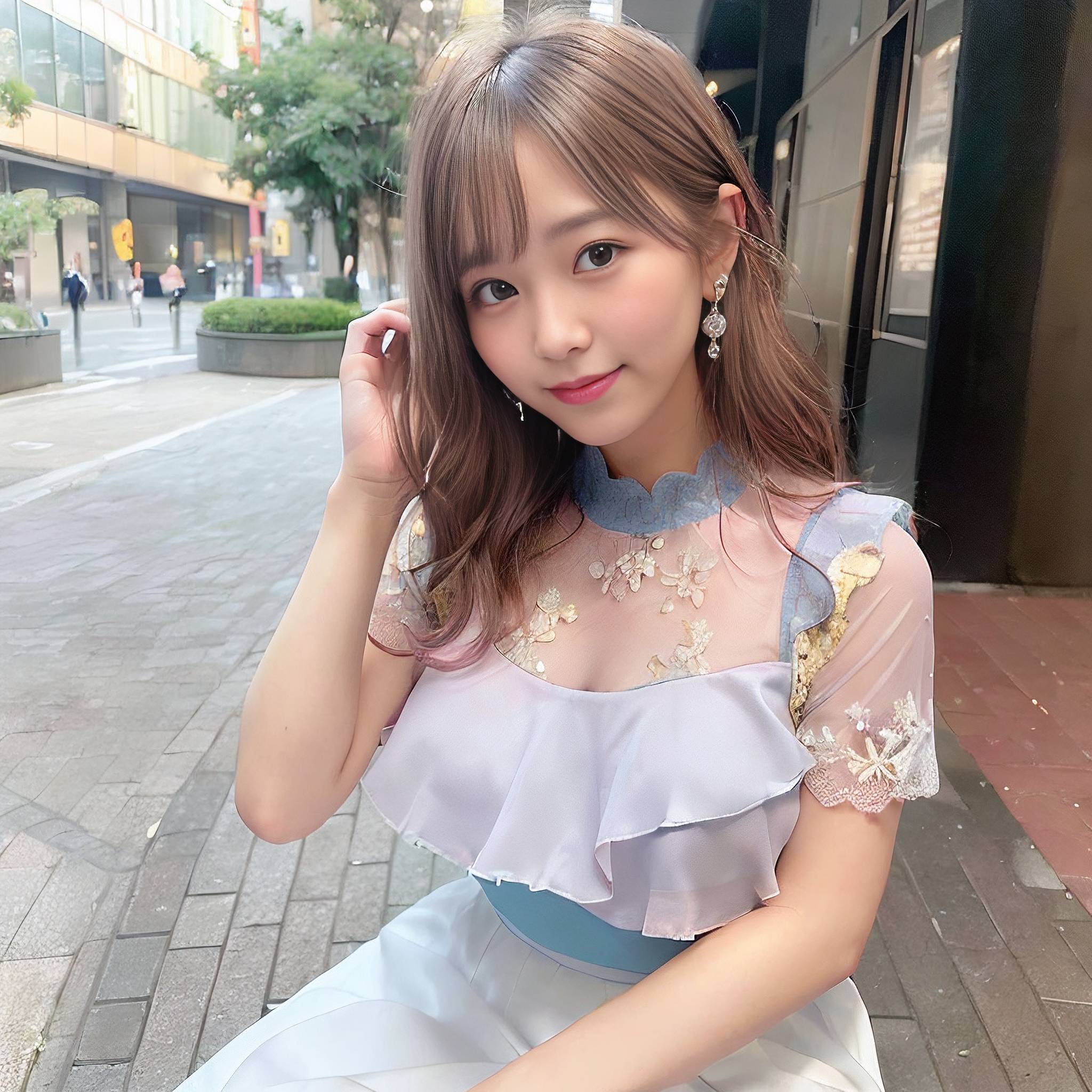 a young girl is posing for a picture while holding a cell phone 