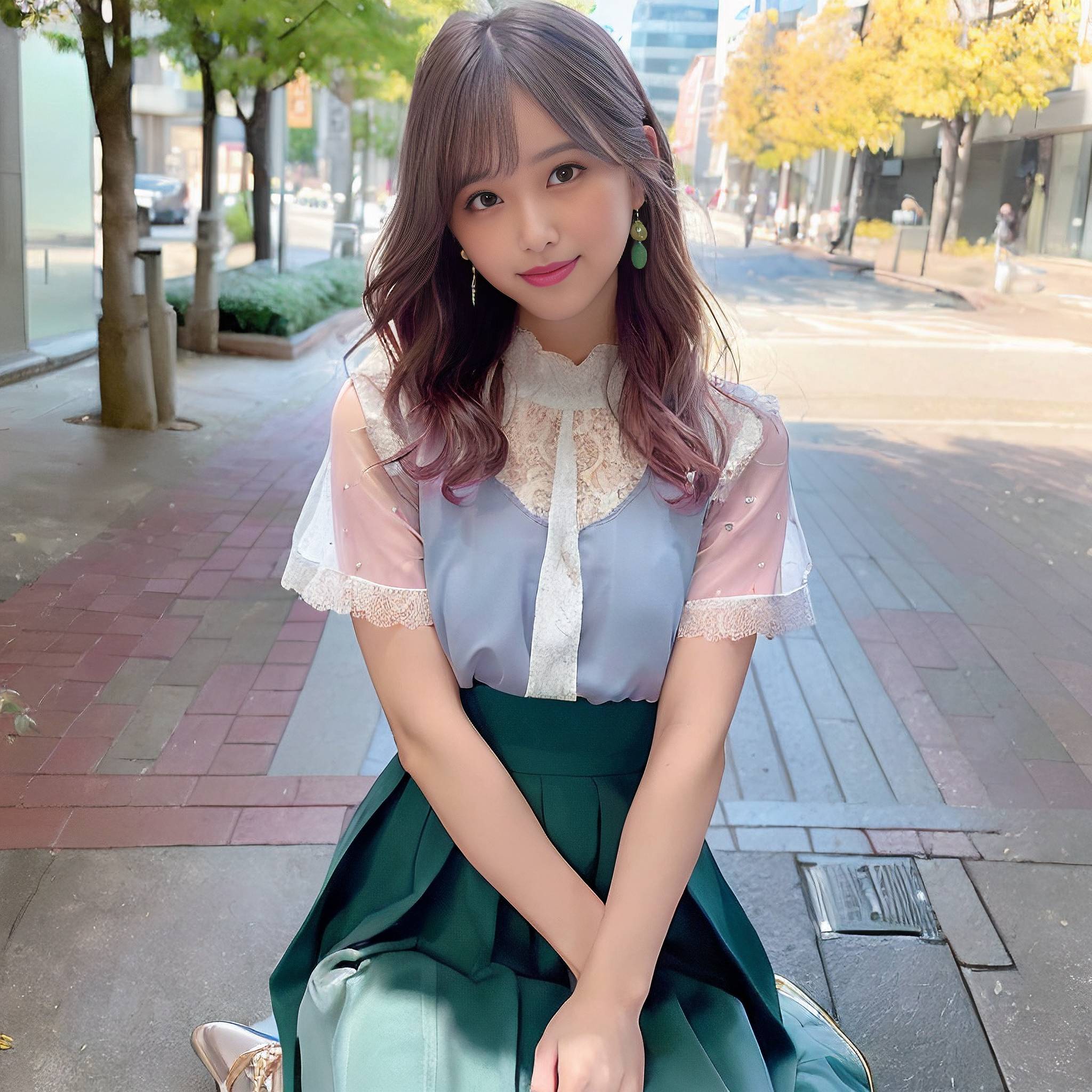a young girl wearing a blue dress and holding a piece of luggage 