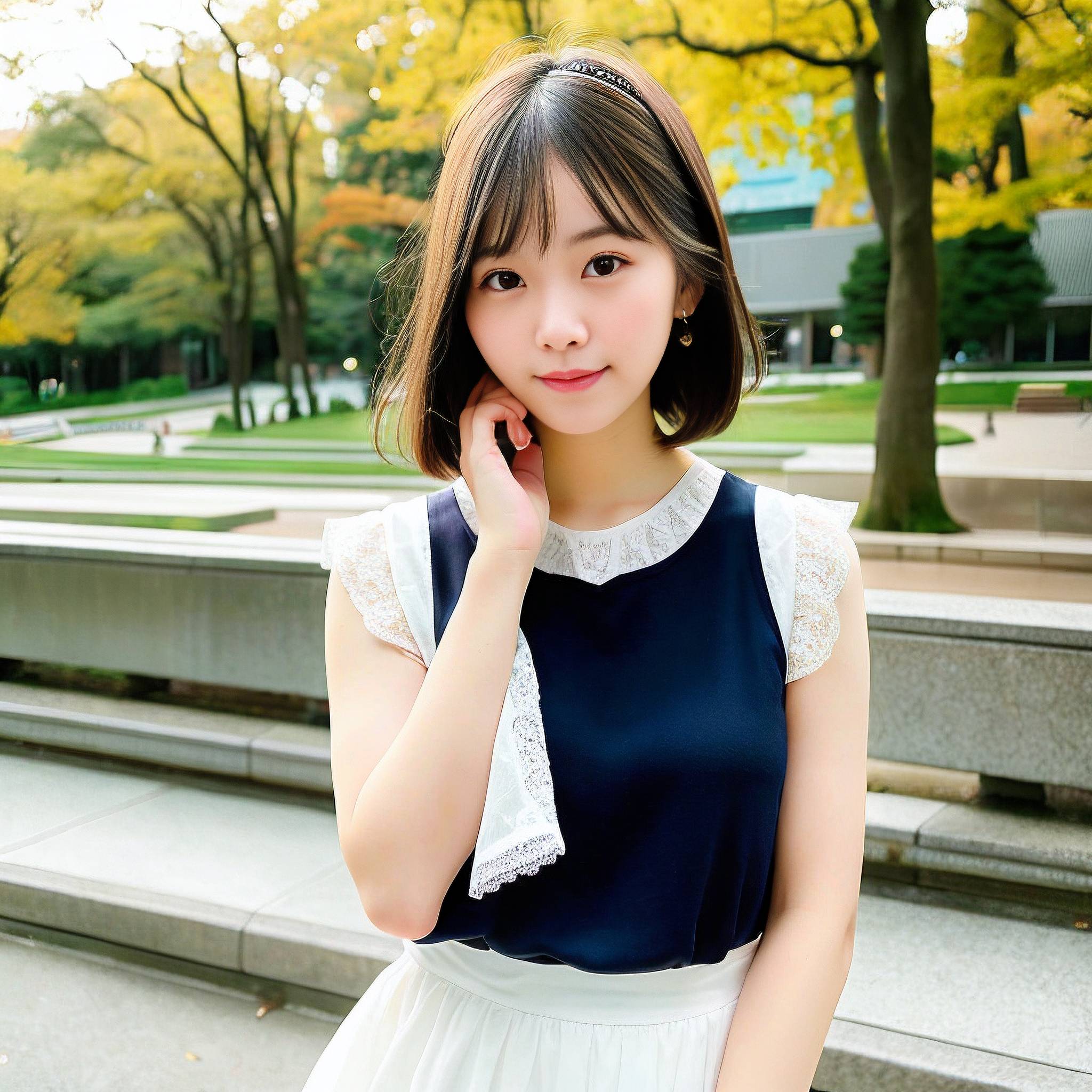 a young woman is sitting on a park bench 