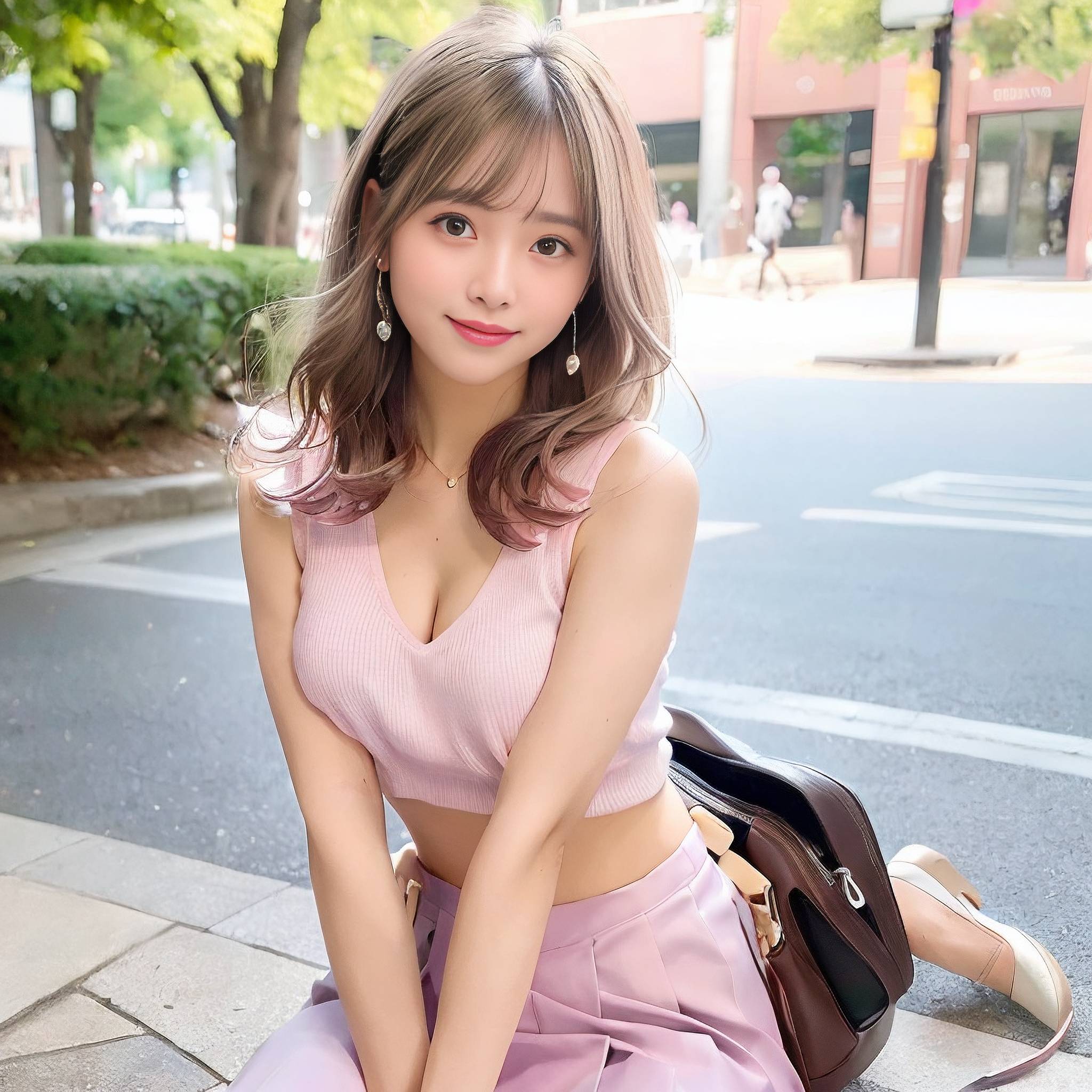 a woman sitting on a sidewalk with a suitcase 