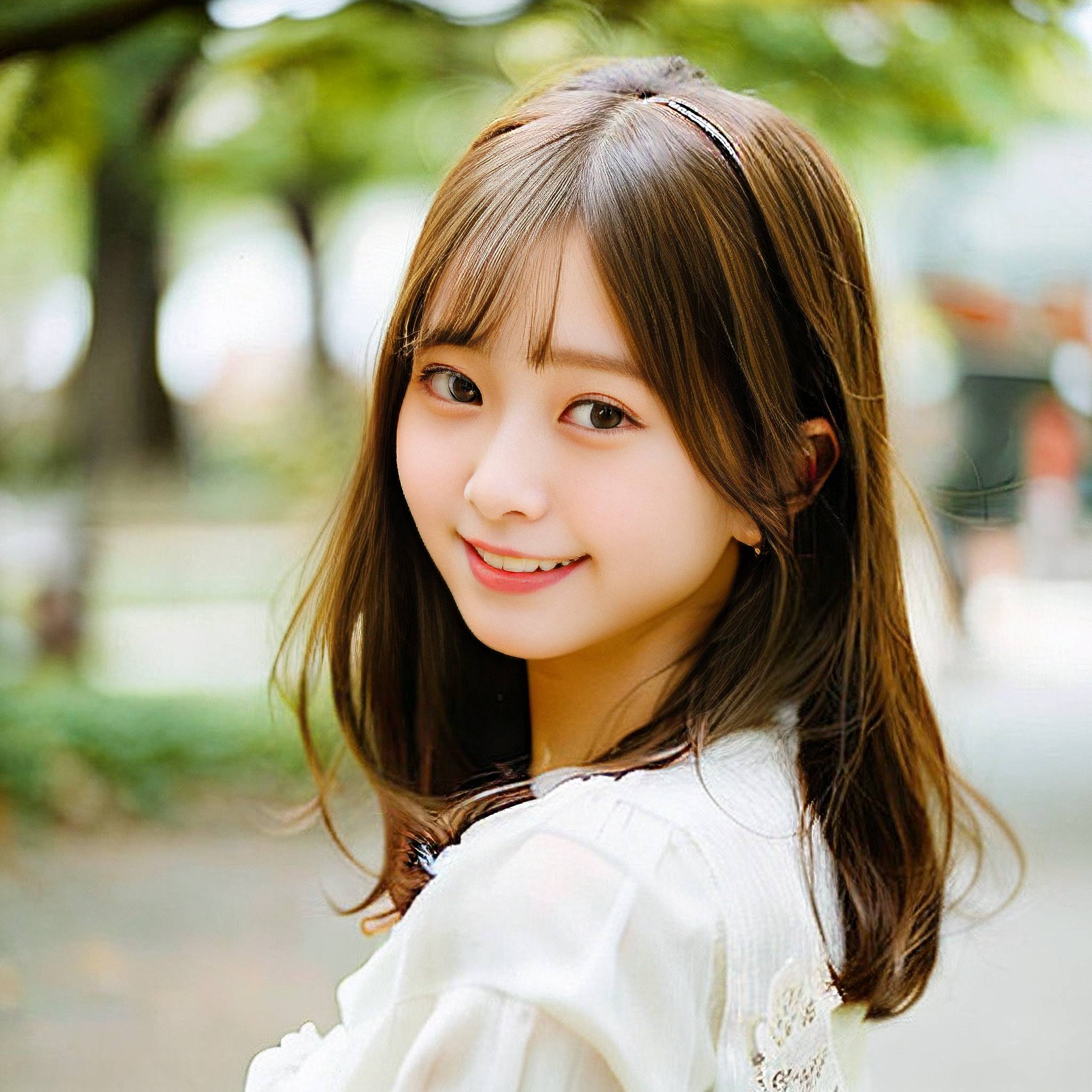 a young girl posing for a picture in front of a tree 