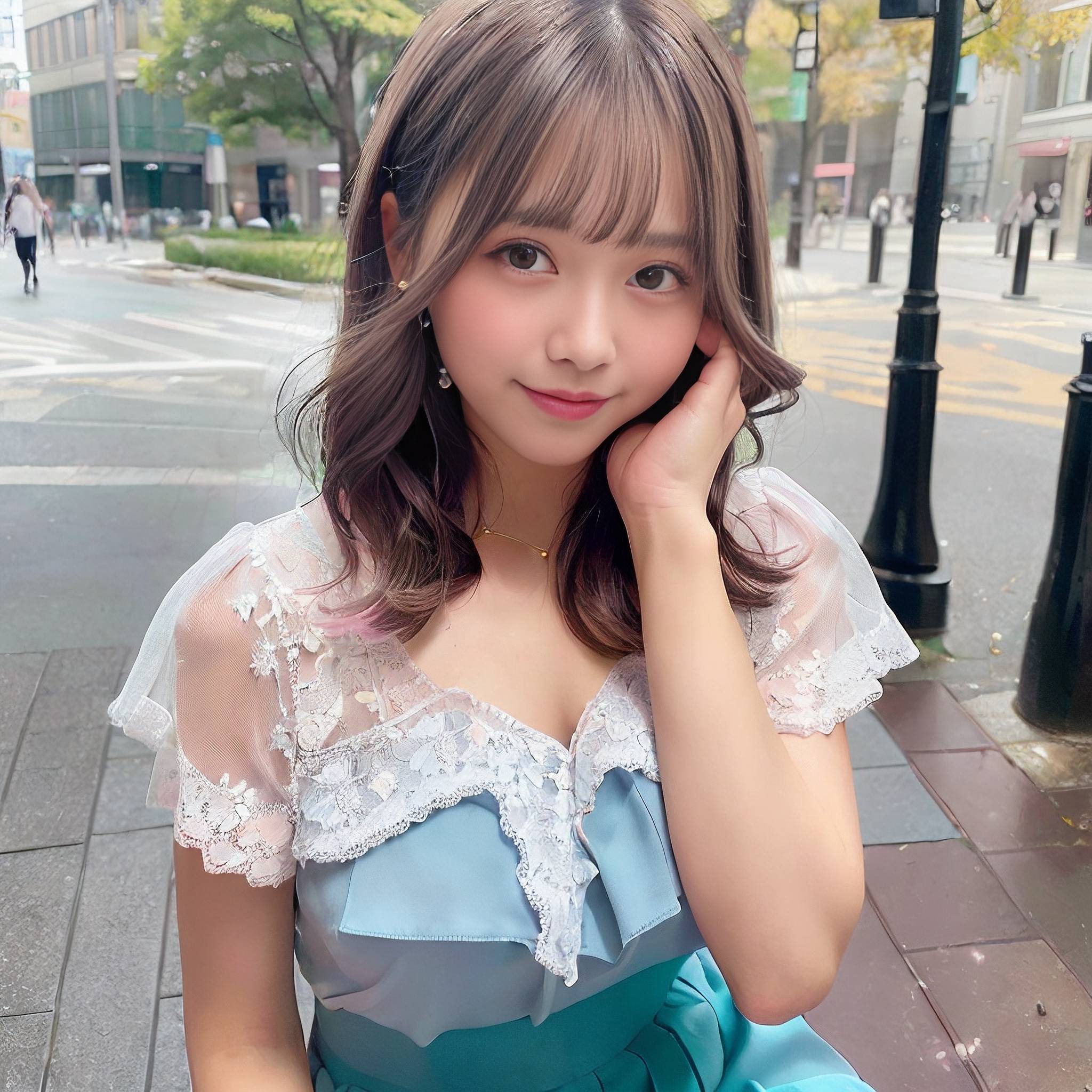 a woman in a blue dress talking on a cell phone 