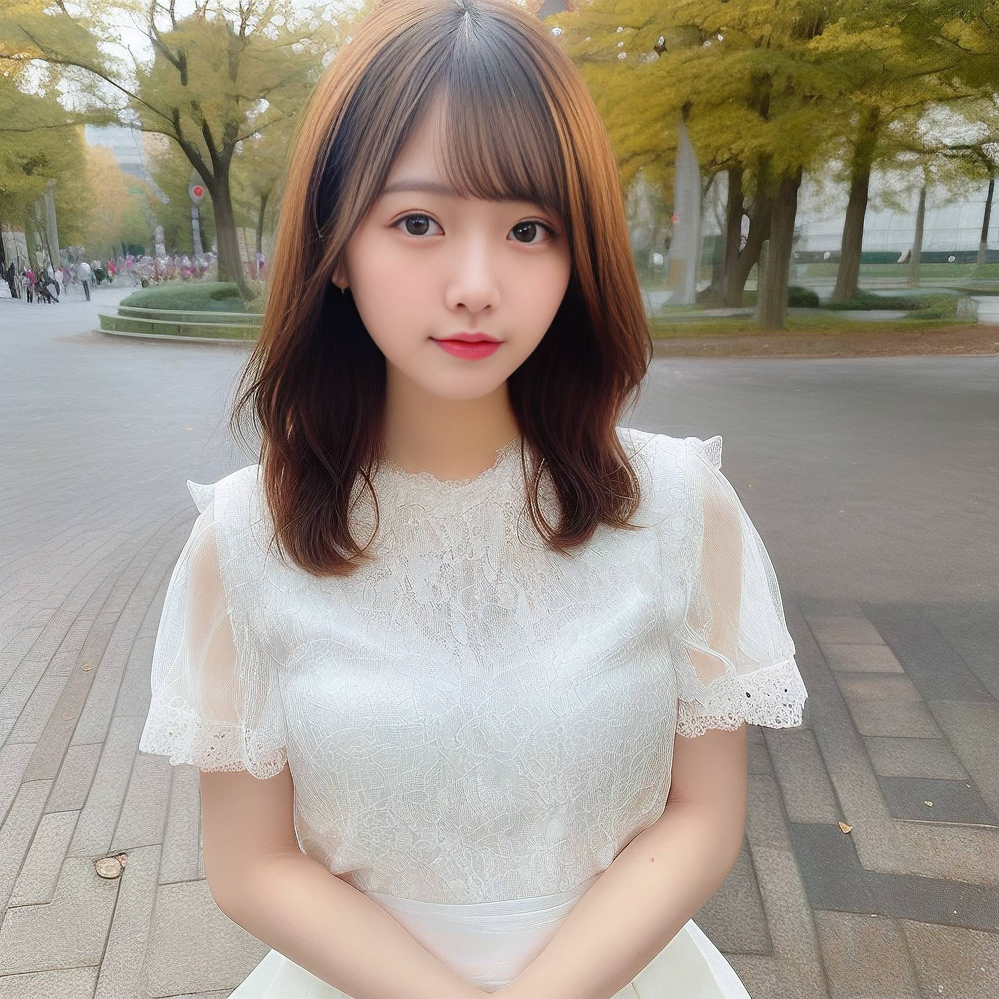a young girl poses for a picture in front of a tree 