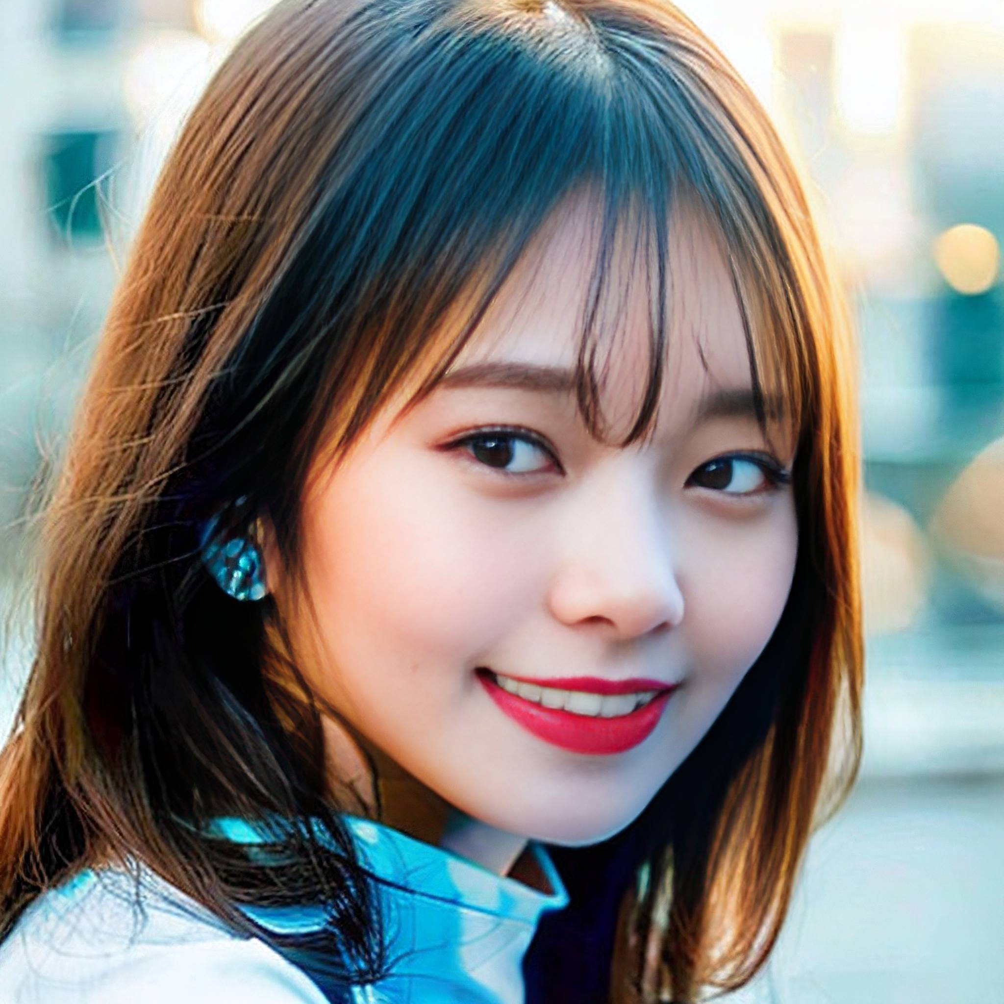 a woman is smiling while holding a cell phone 