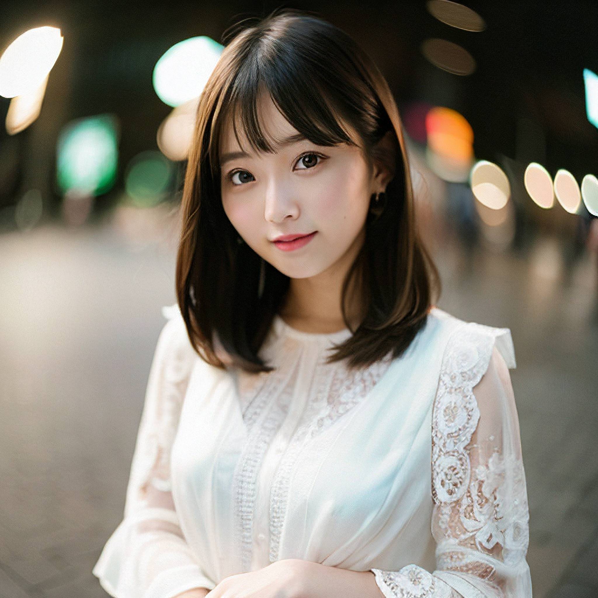 a woman in a white dress sitting on a sidewalk 