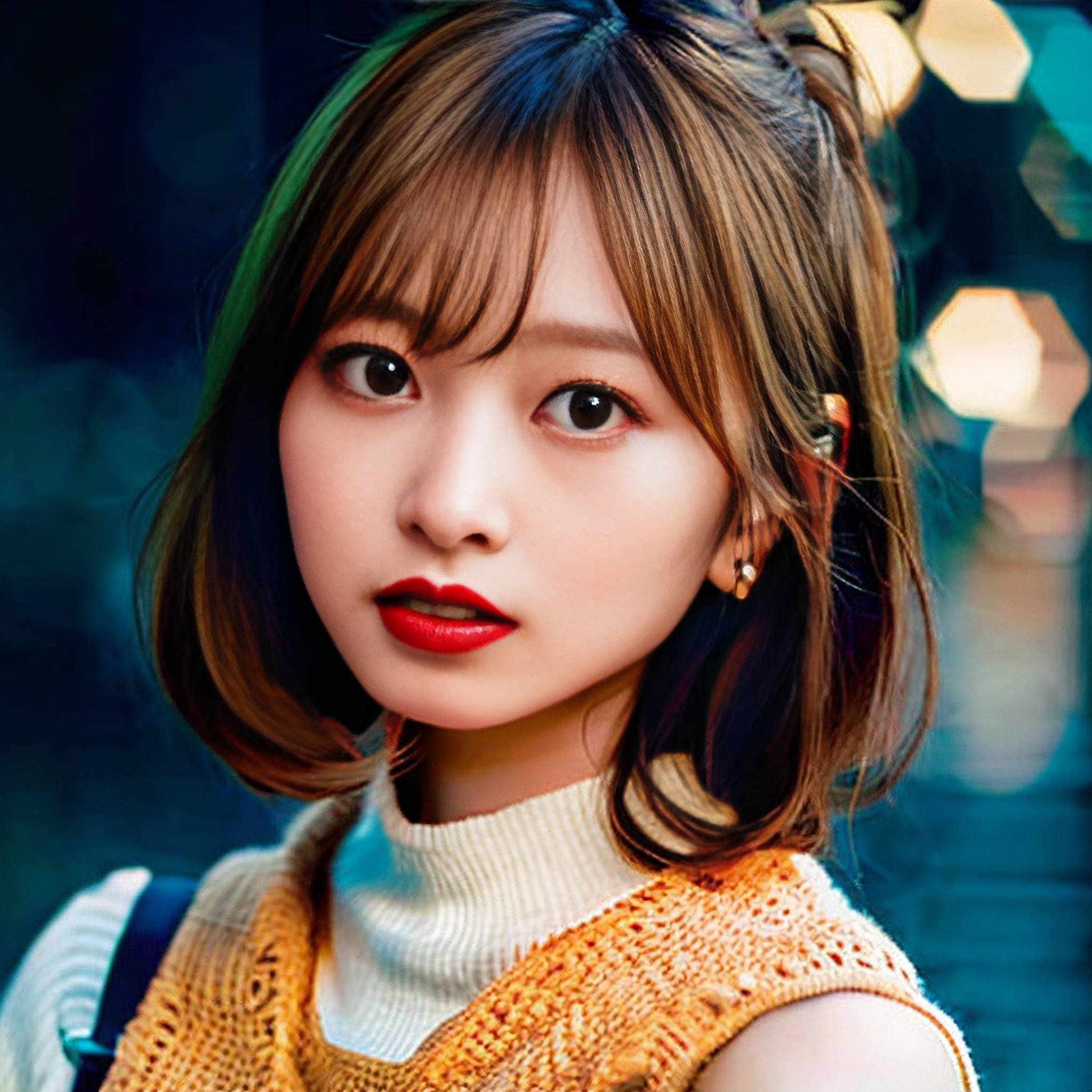 a woman with long hair standing in front of a light blue wall 