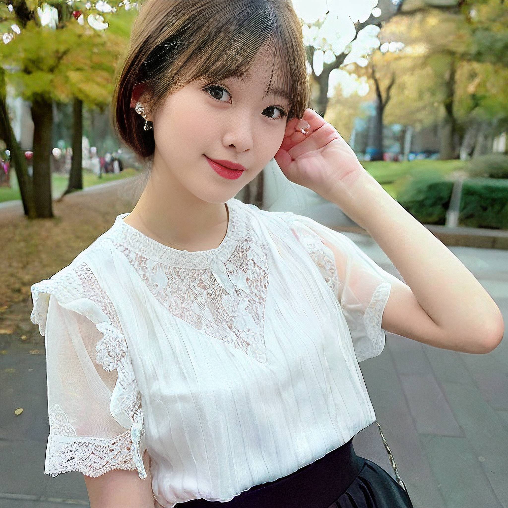 a young girl in a dress standing next to a tree 