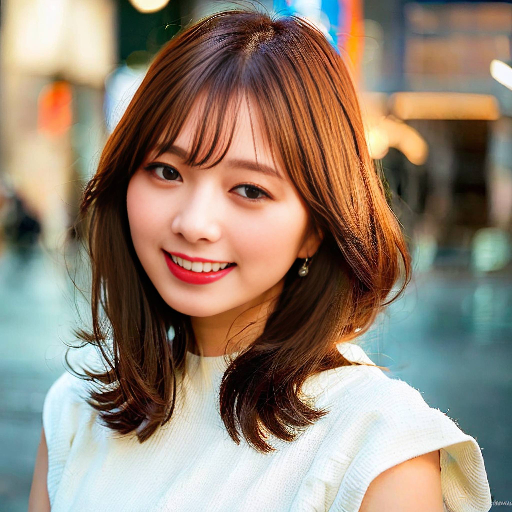 a woman in a red dress smiling at the camera 