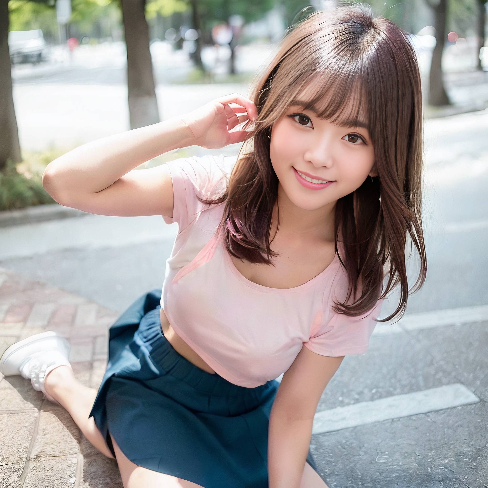 a young girl posing for a picture on a city street 