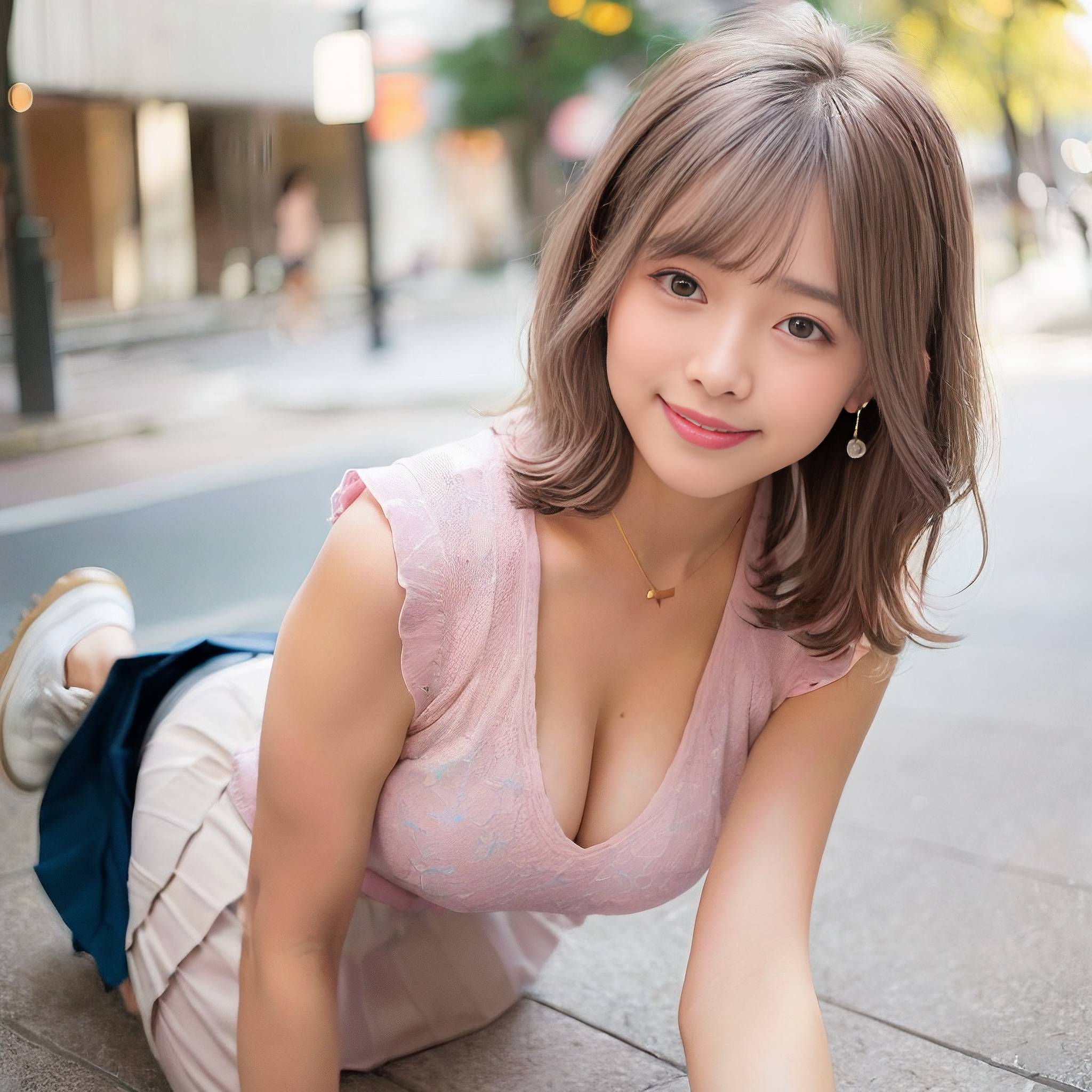 a woman is sitting on the sidewalk with her purse 