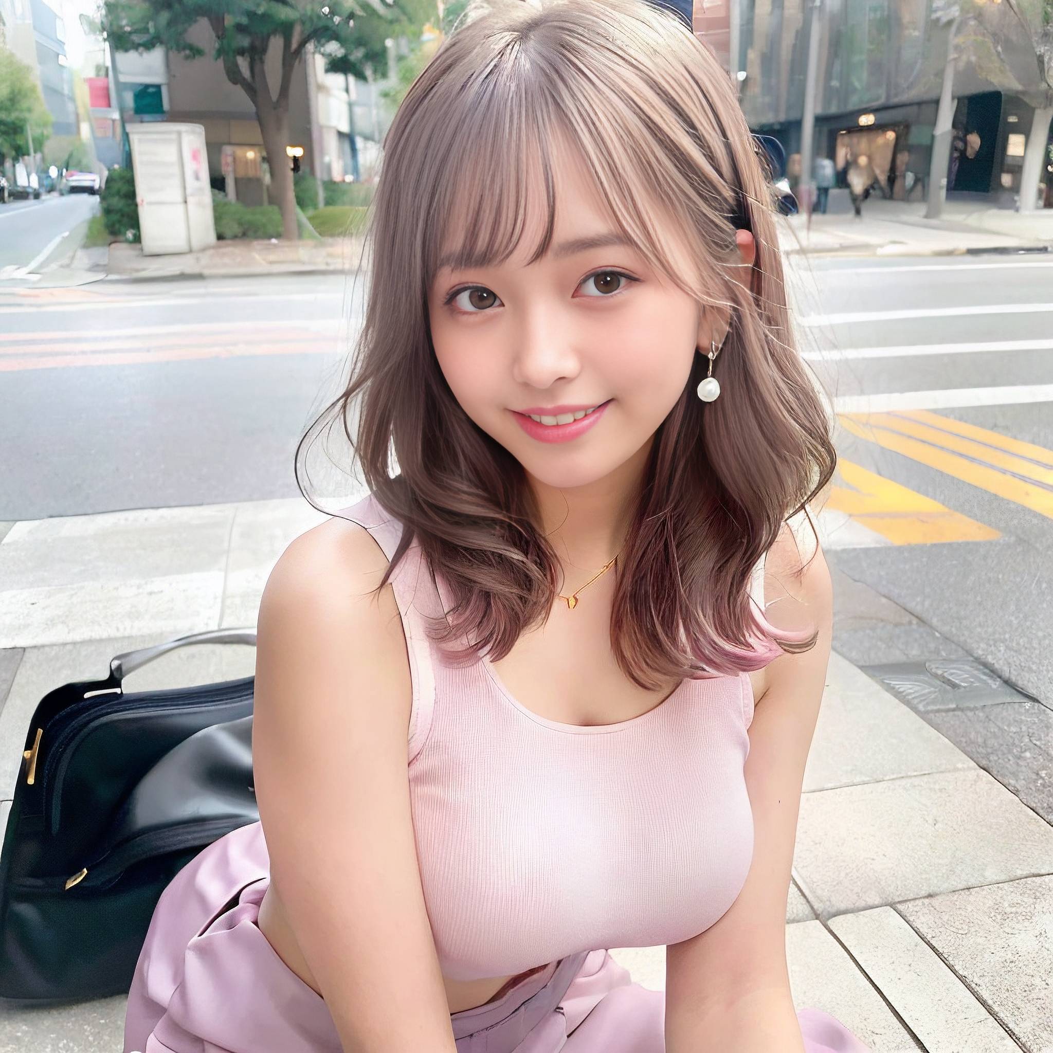 a beautiful young woman sitting on the side of a road 