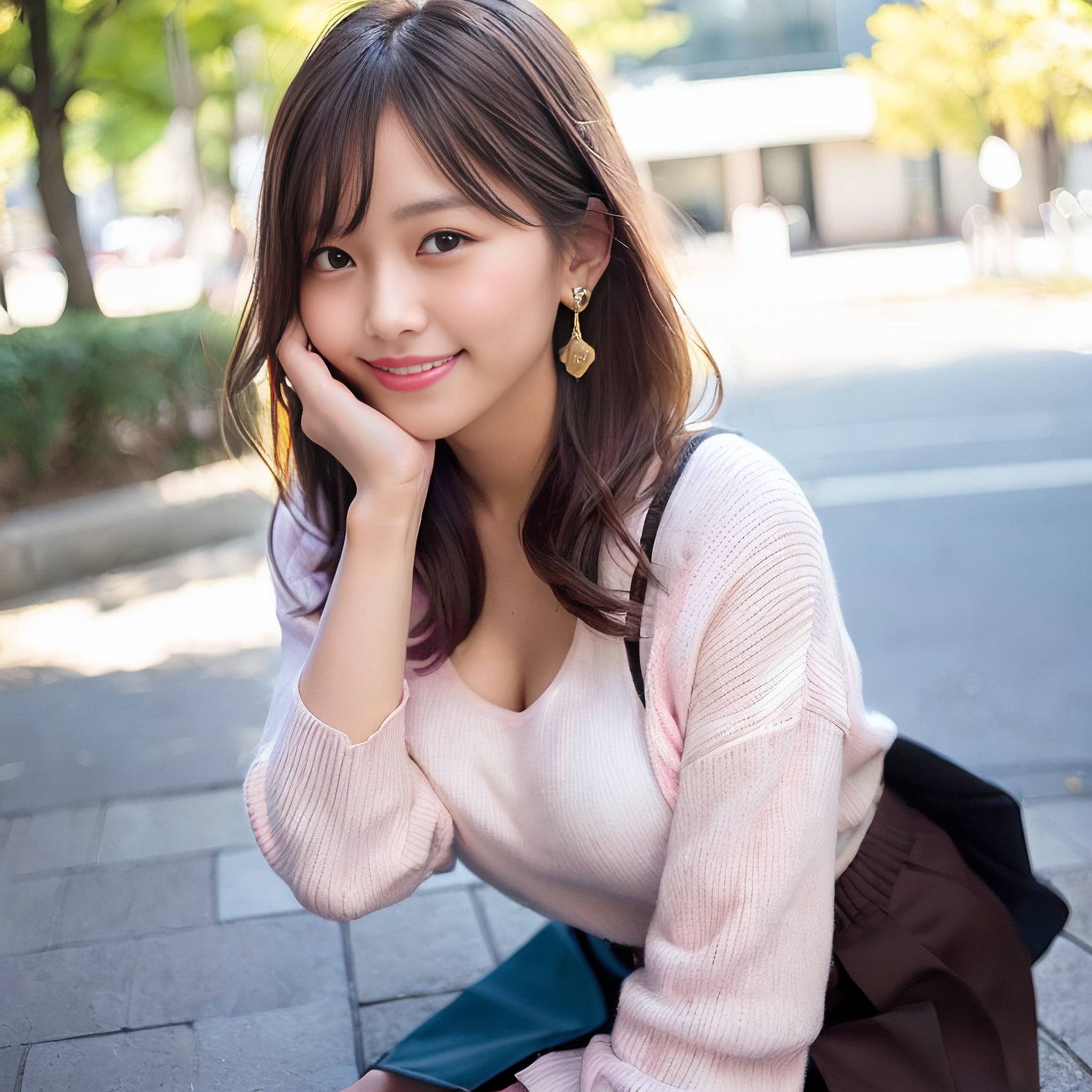 a woman is sitting on the sidewalk talking on her cell phone 