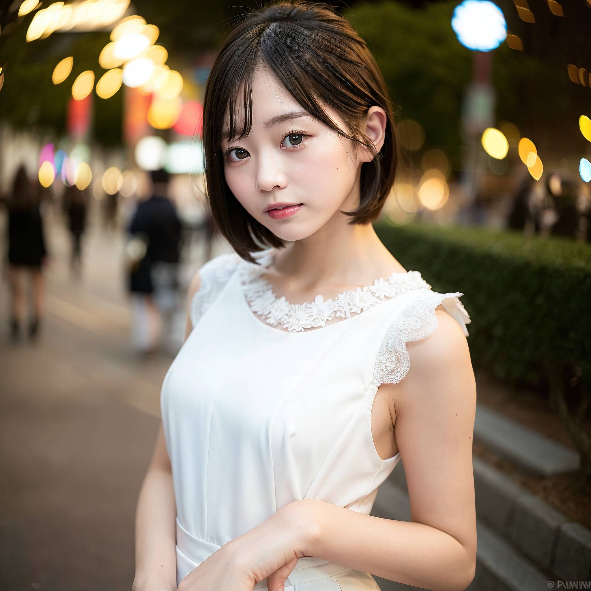 a woman in a white dress standing in the middle of a street 