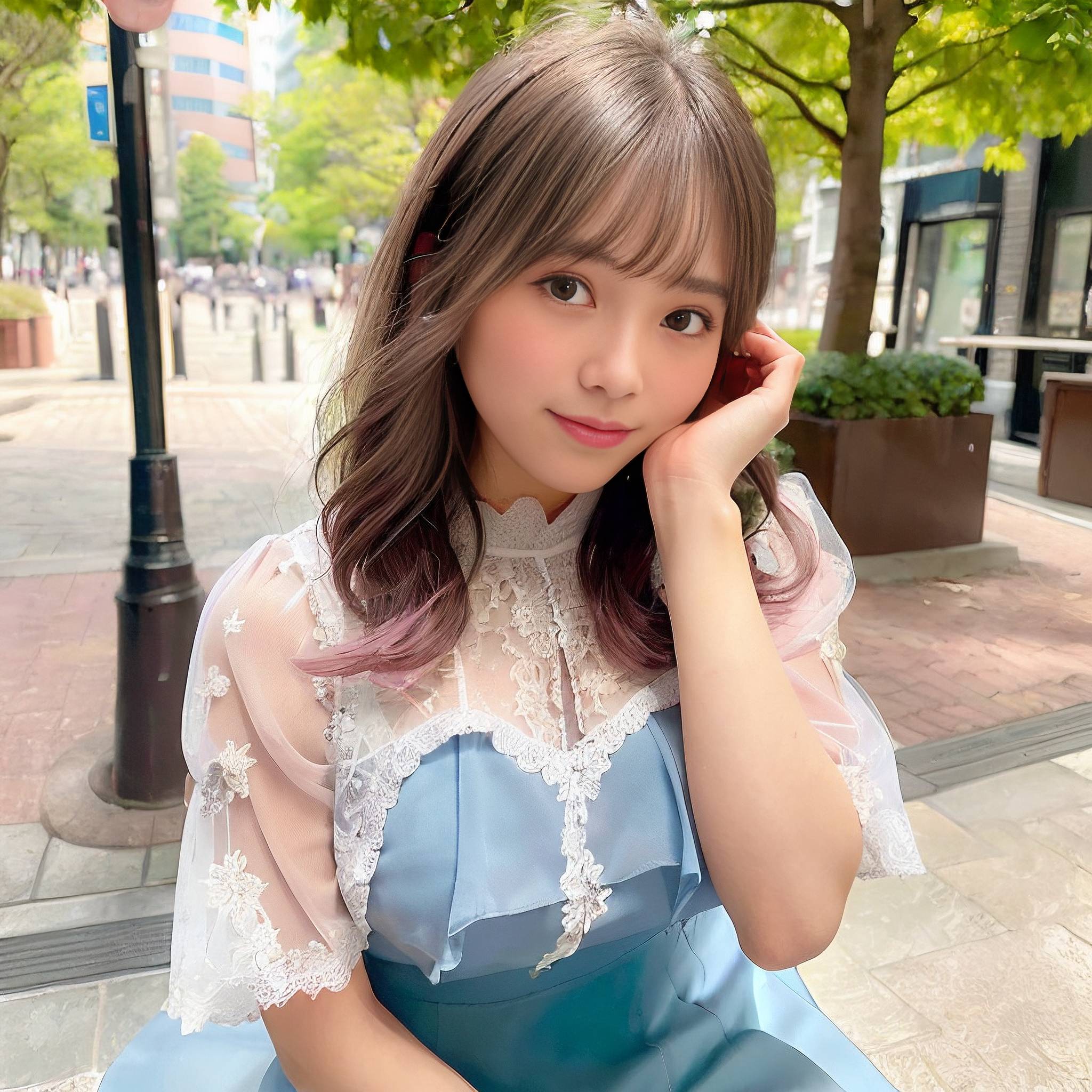 a young woman in a red dress is holding a cell phone 