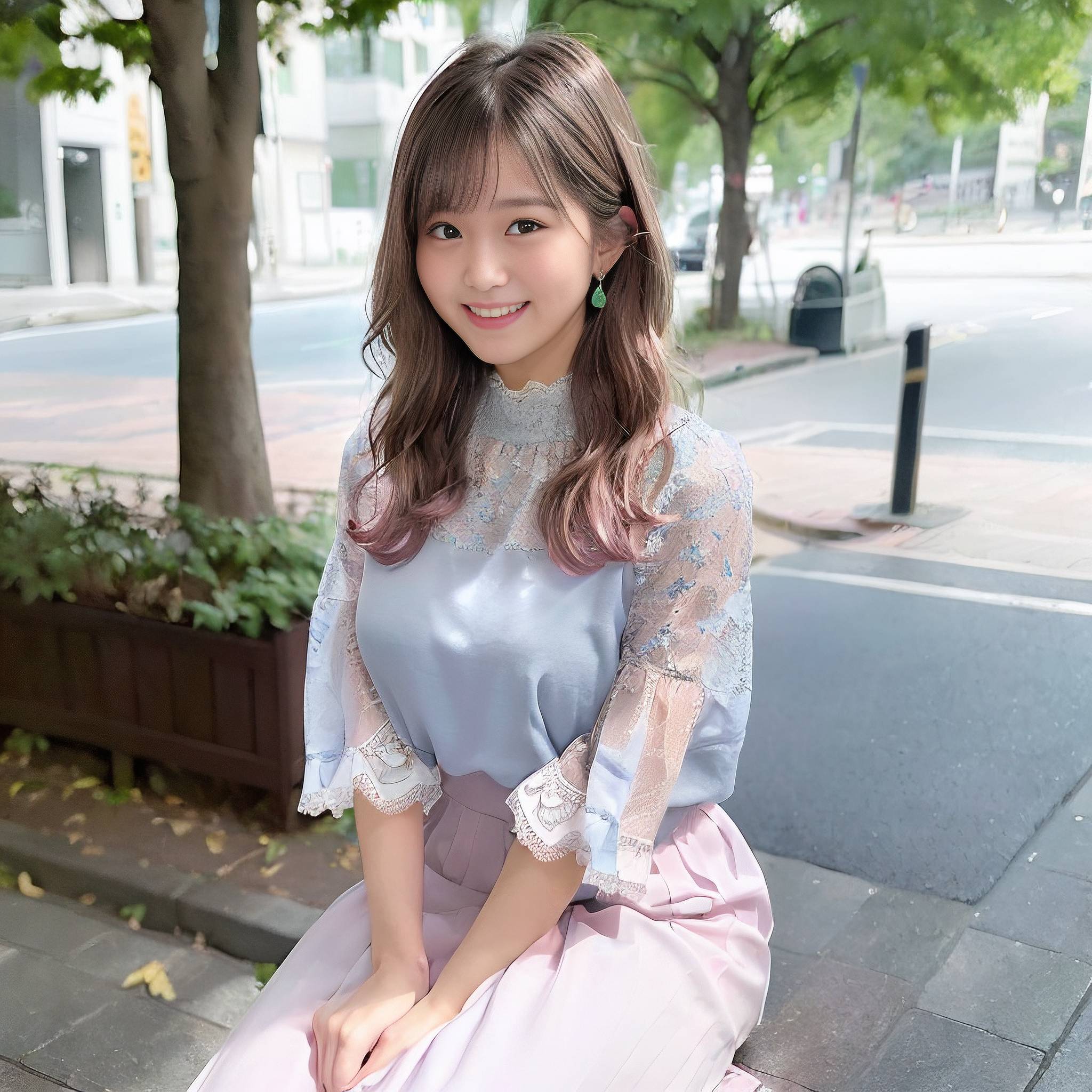 a young girl posing for a picture in front of a tree 