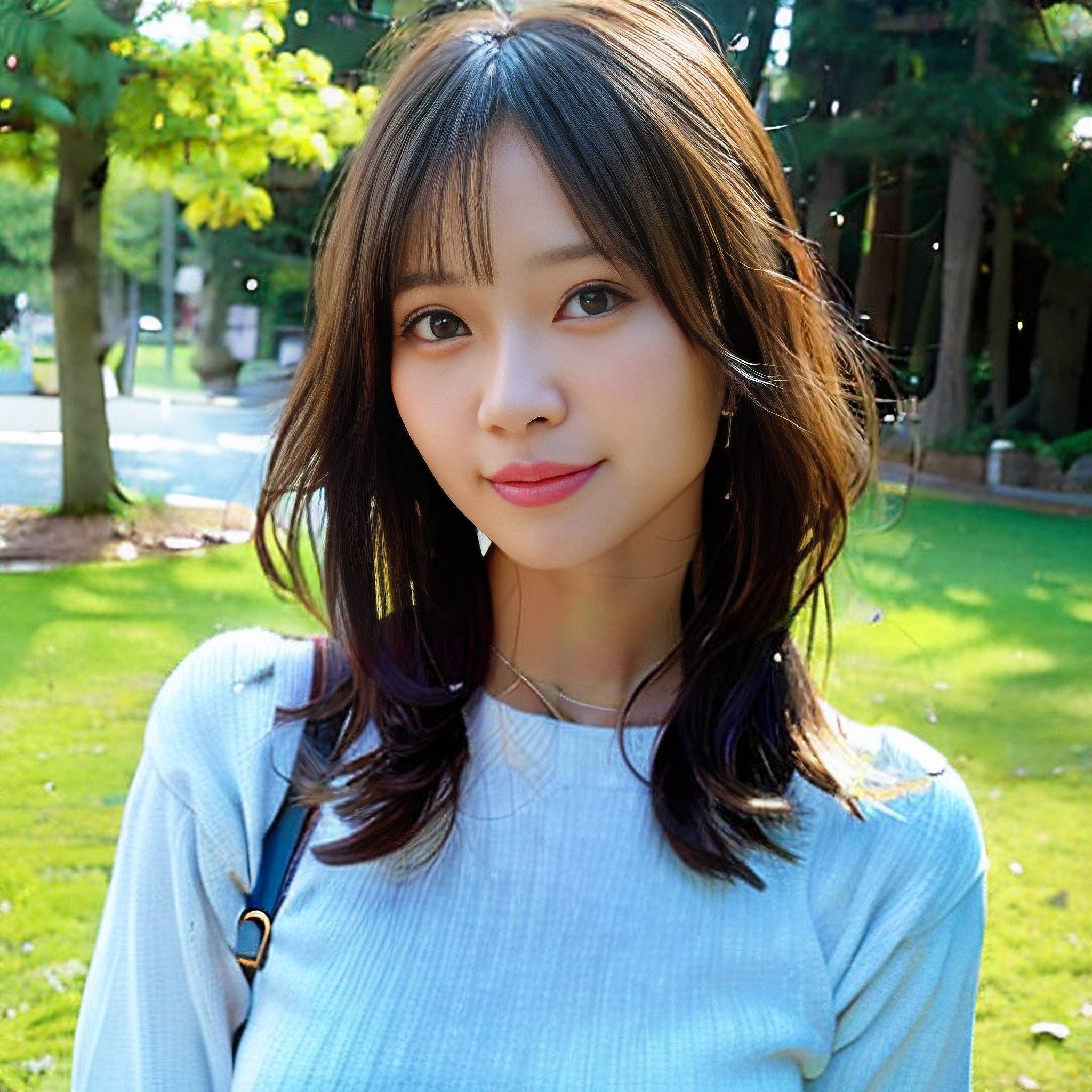 a woman is standing in the middle of a park 