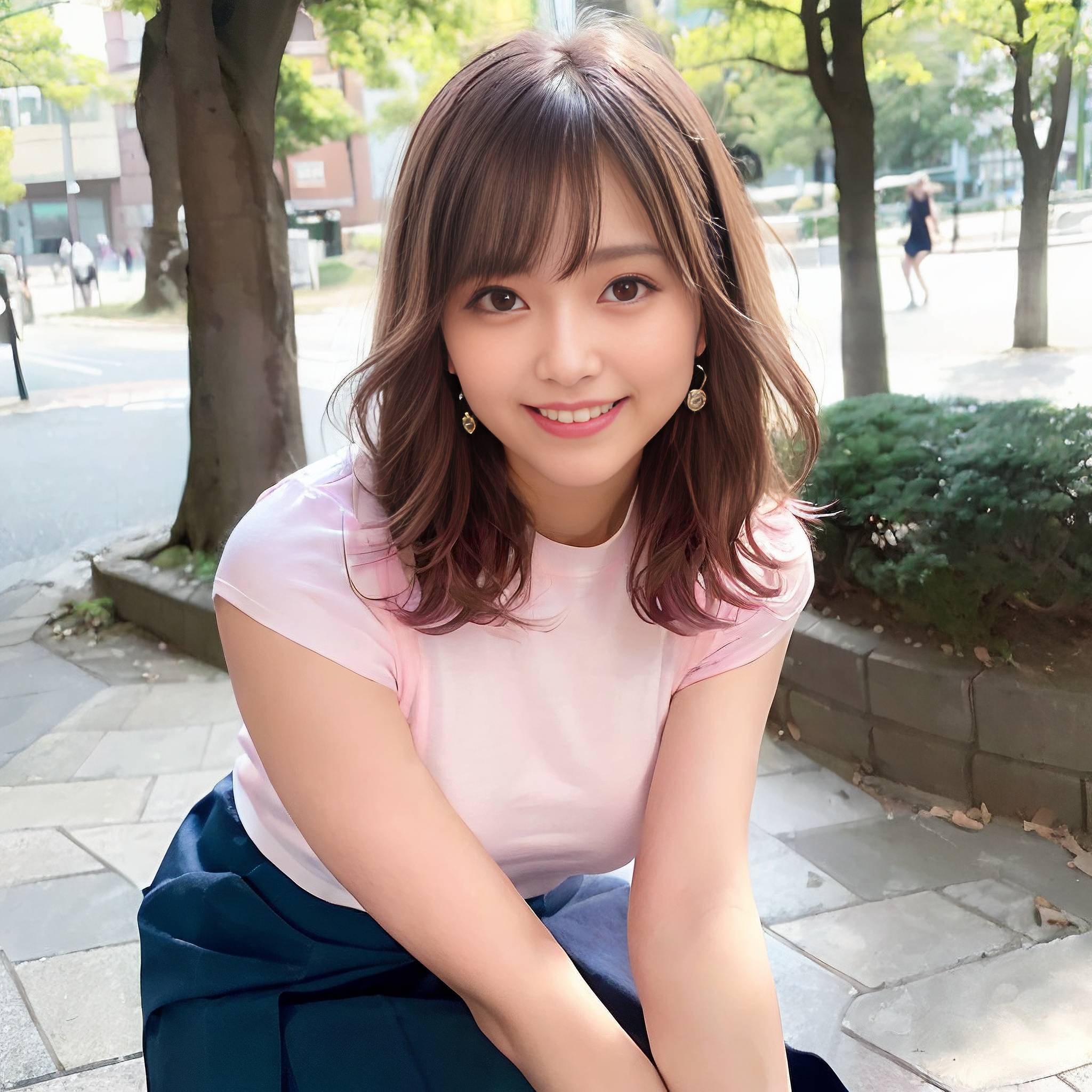 a young girl posing for a picture in front of a tree 