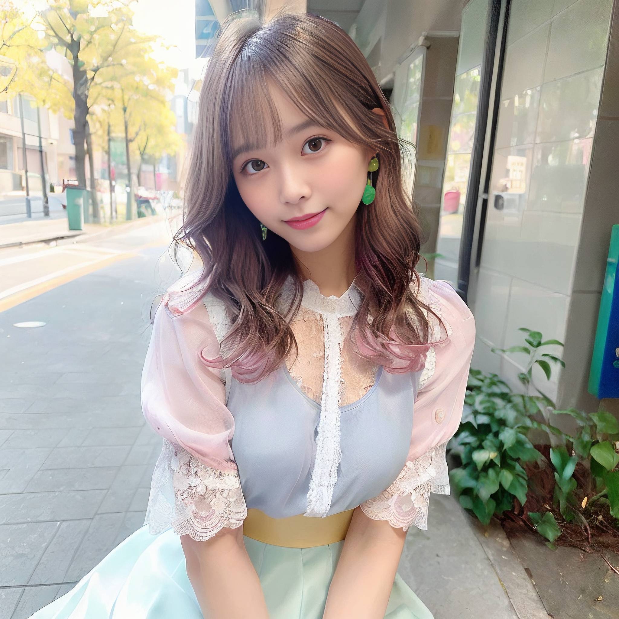 a woman in a pink dress standing in front of a building 