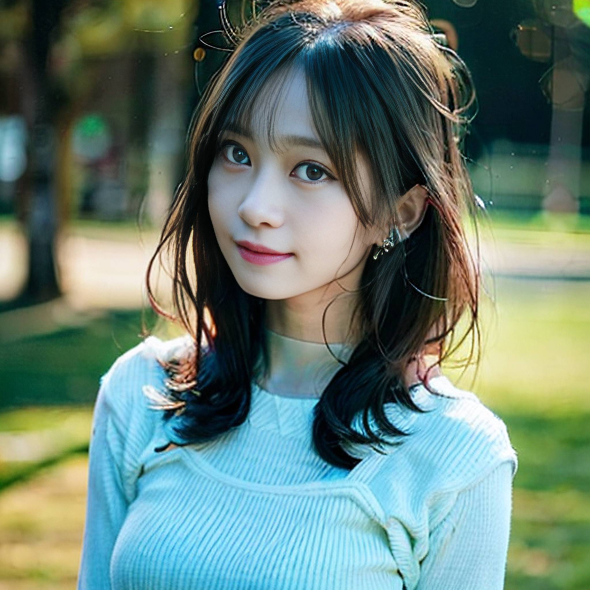 a beautiful young woman standing in front of a tree 