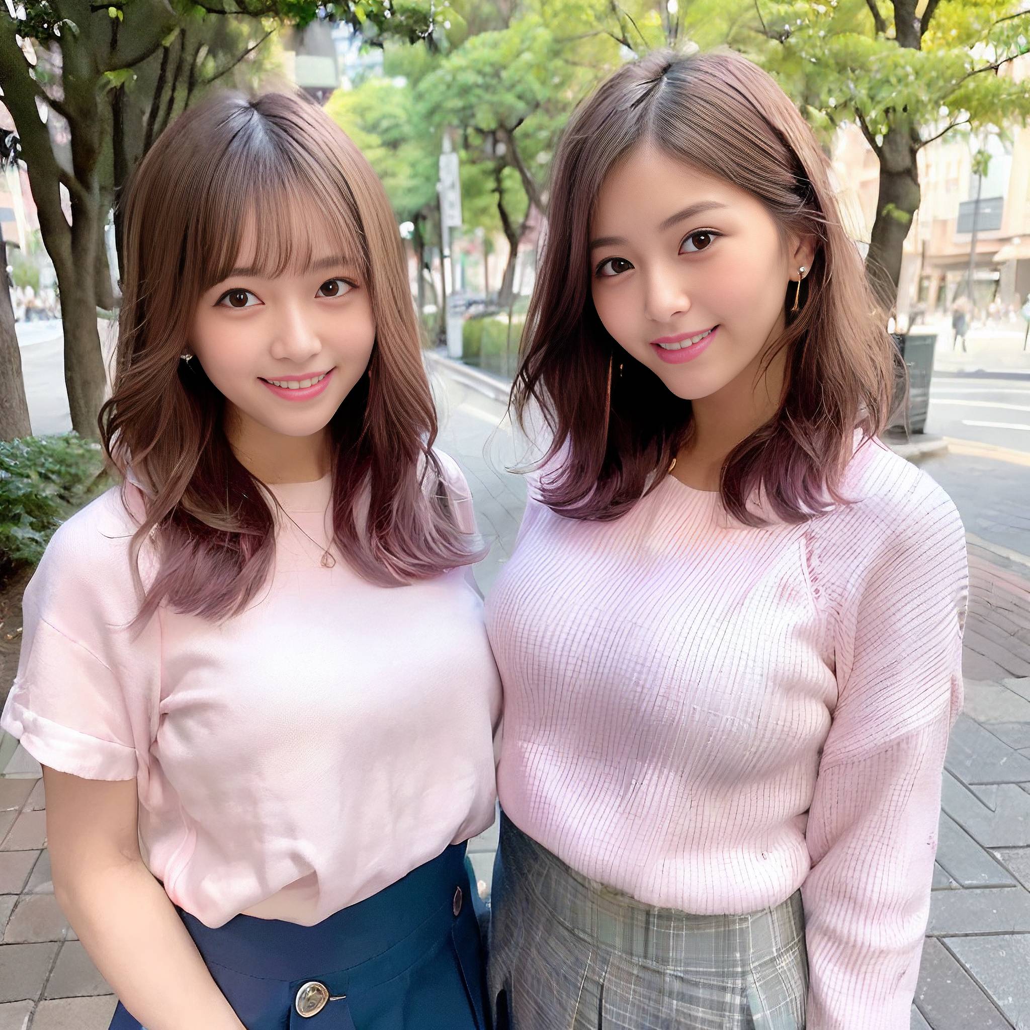 two young girls posing for a picture in front of a tree 