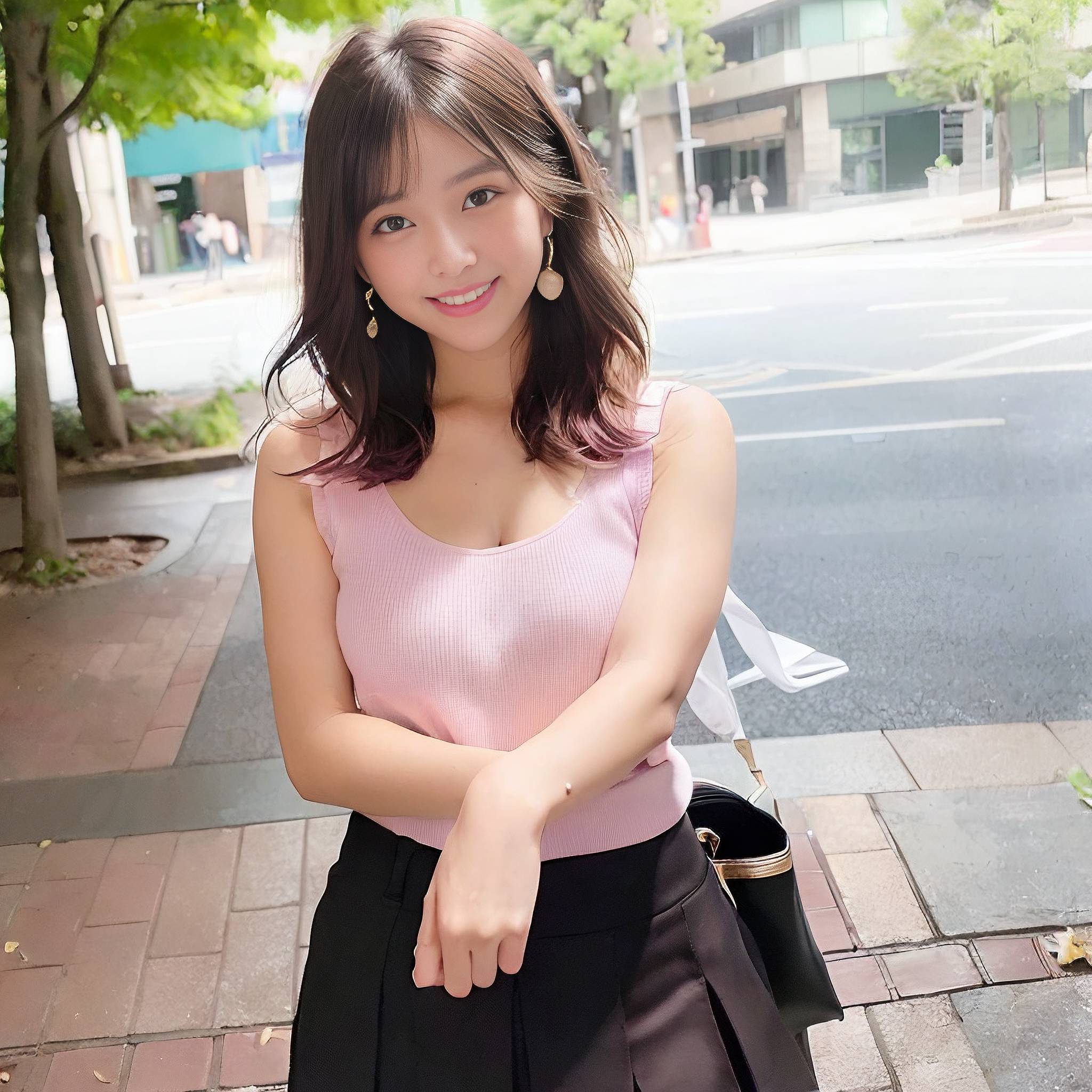 a beautiful young woman holding a pink purse 