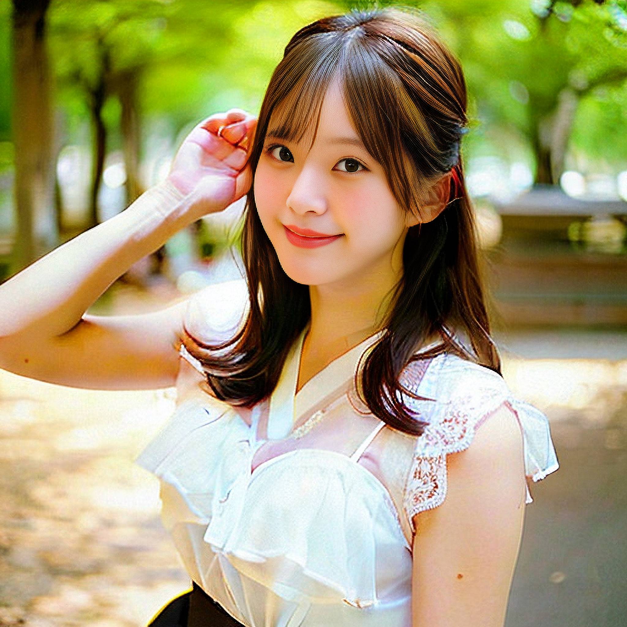 a young woman in a white dress holding a pink flower 