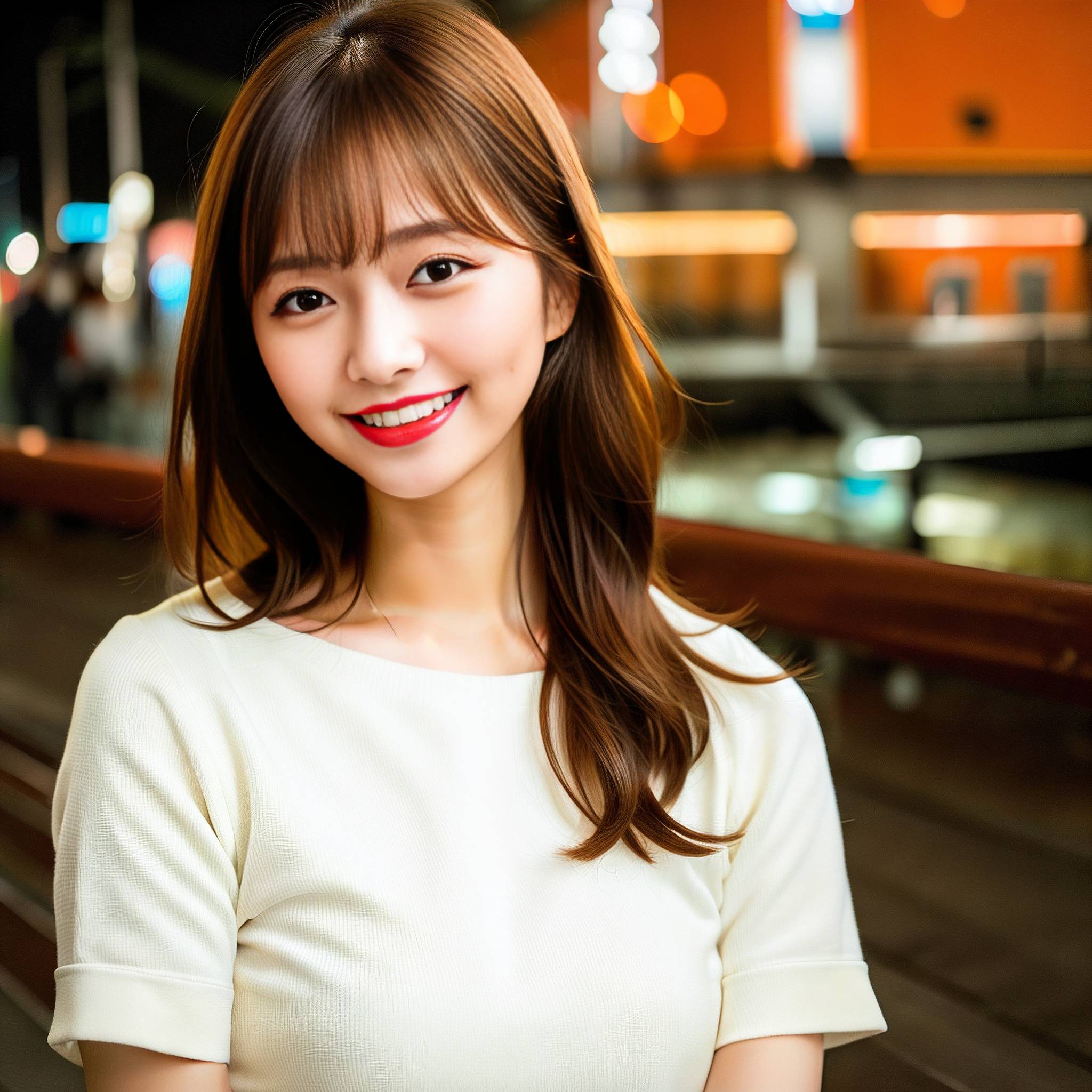 a woman in a white dress smiling at the camera 