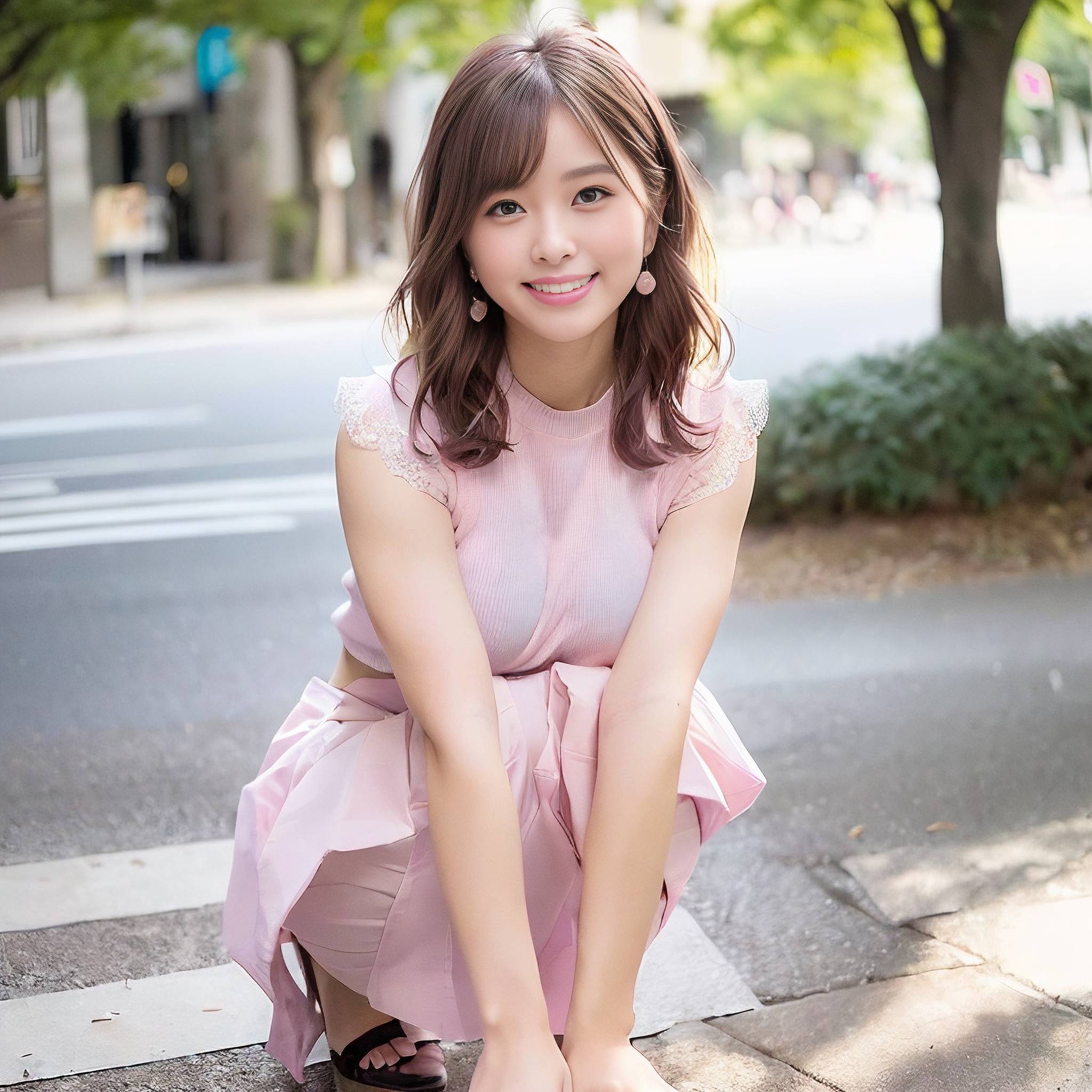a young girl sitting on a sidewalk holding a stuffed animal 